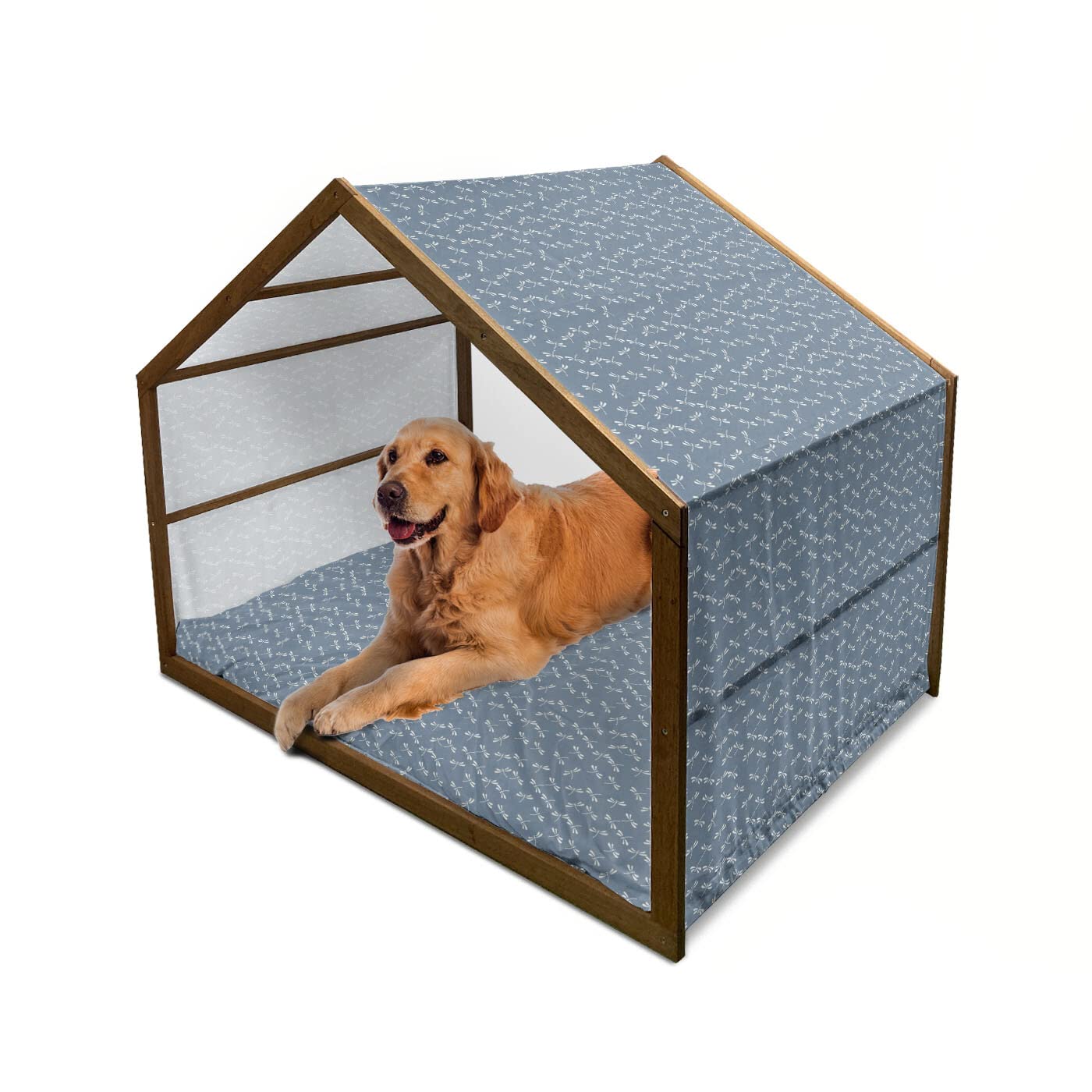 Ambesonne Dragonfly Wooden Dog House - Tropical Wildlife Japanese Style Design, Indoor & Outdoor Portable Pet Kennel with Pillow & Cover, 2X-Large Slate Blue White - Perfect for Backyard, Patio, or Garden Use