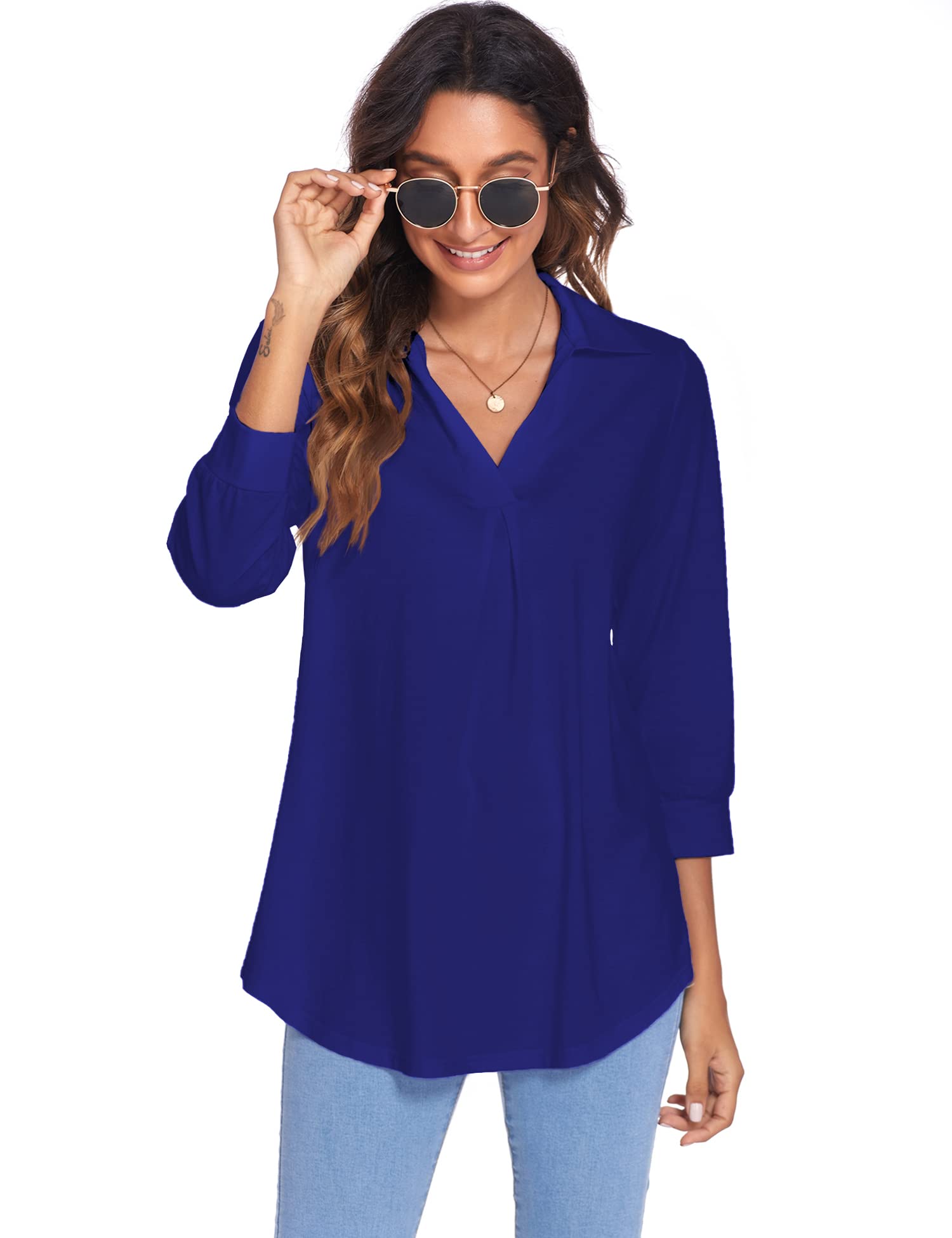 Newchoice Women's Collared V-Neck 3/4 Sleeve Blouse - Business Casual Tops for Office Work, Loose Fit Comfort Shirts Sizes S-3XL - Perfect for Workwear, Business Meetings & Professional Outfits