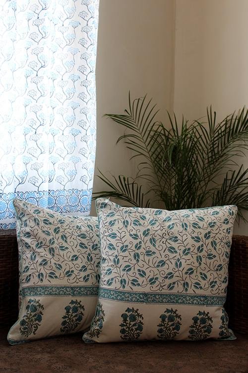 Floral Creepers Handblock Printed Cotton Cushion Cover Set - Premium Cotton Pillow Covers for Sofa, Bed & Home Decor - Boho Chic Living Room & Bedroom Accessories