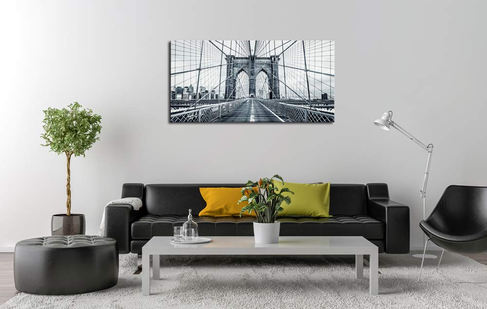 Black and White New York City Brooklyn Bridge Wall Art - Stretched & Framed Canvas Painting for Living Room, Office & Home Decor | DZL Art Q70775 | Perfect for Urban Style Interiors & Gift Giving