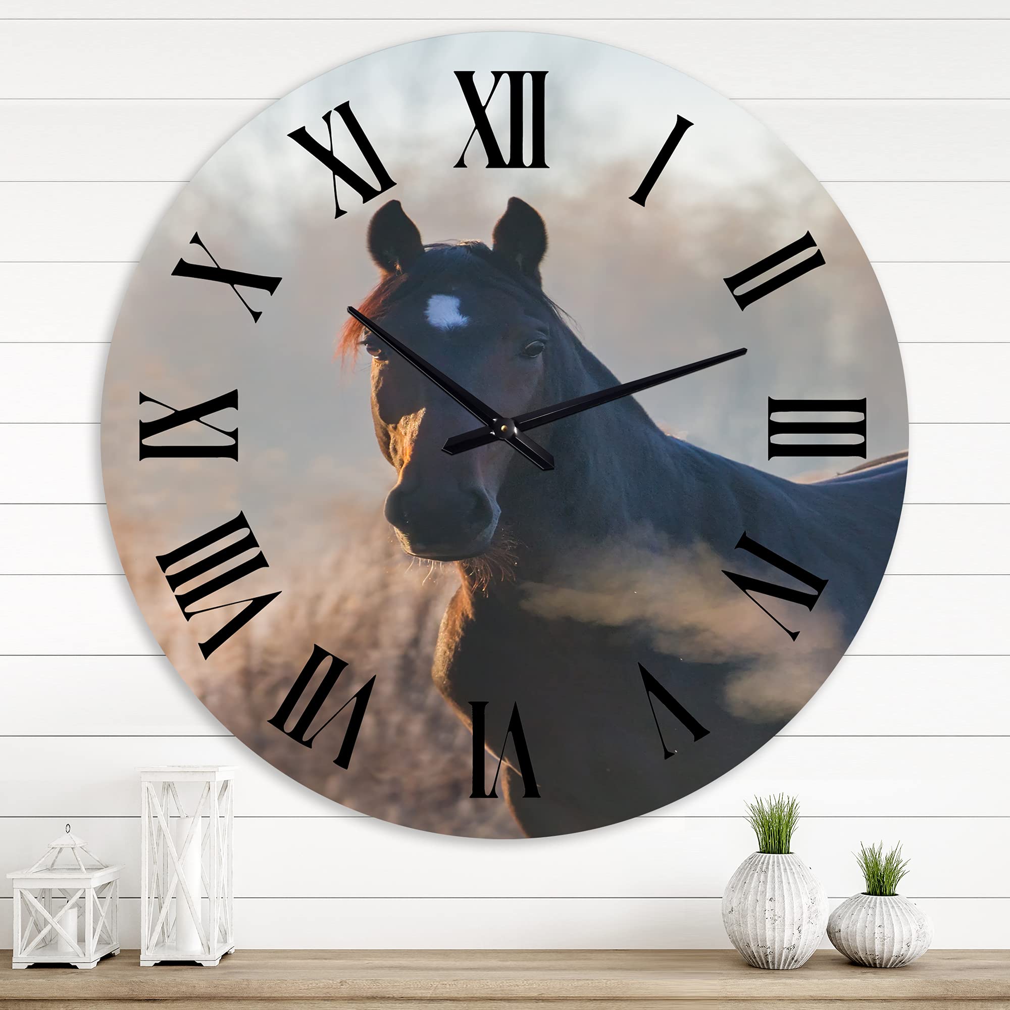 Farmhouse Wall Clock - Large Horse Portrait on Autumn Morning - Rustic Kitchen Decor & Home Wall Art - Perfect for Living Room, Bedroom, or Office