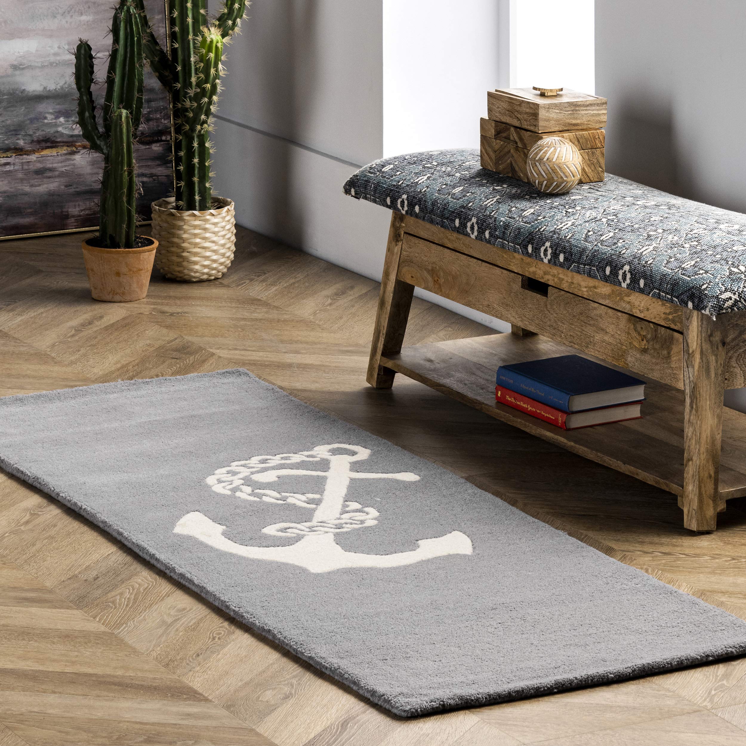 nuLOOM Hand Tufted Set Sail Nautical Area Rug 4x6 Feet, Soft Grey Blue Coastal Decor - Perfect for Living Room, Bedroom, or Beach House Style