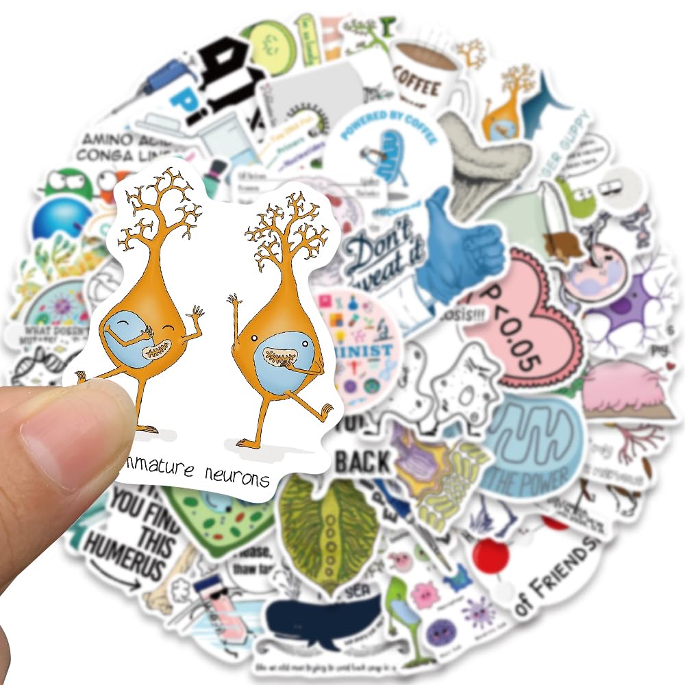 50Pcs Funny Biology Stickers for Adults & Kids - Waterproof Vinyl Science Stickers for Water Bottles, Laptops, Notebooks - Perfect for Teachers, Students, Classroom Decor & Science Enthusiasts - Great for School Projects, Lab Equipment & Science-Themed Gifts