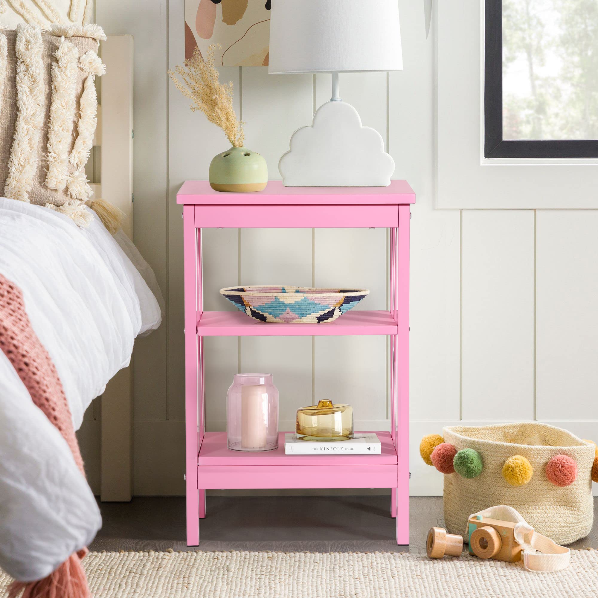 VECELO 2-Pack Pink End Side Table with Storage Shelf - Modern Nightstand for Bedroom, Living Room | Space-Saving Furniture with Shelves for Small Spaces, Apartments & Dorms