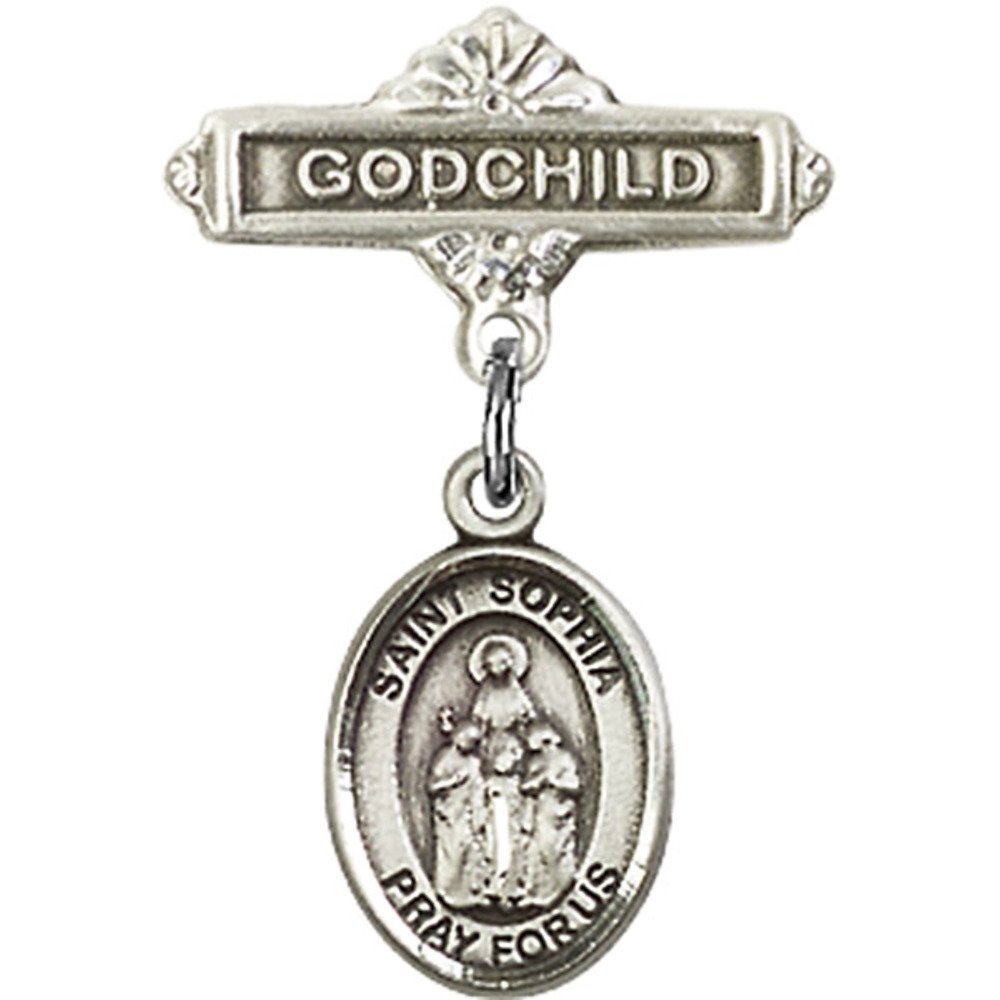 Stunning Sterling Silver Baby Badge with St. Sophia Charm & Godchild Pin - 1 X 5/8 Inches - Perfect for Christenings, Baptisms & Special Occasions