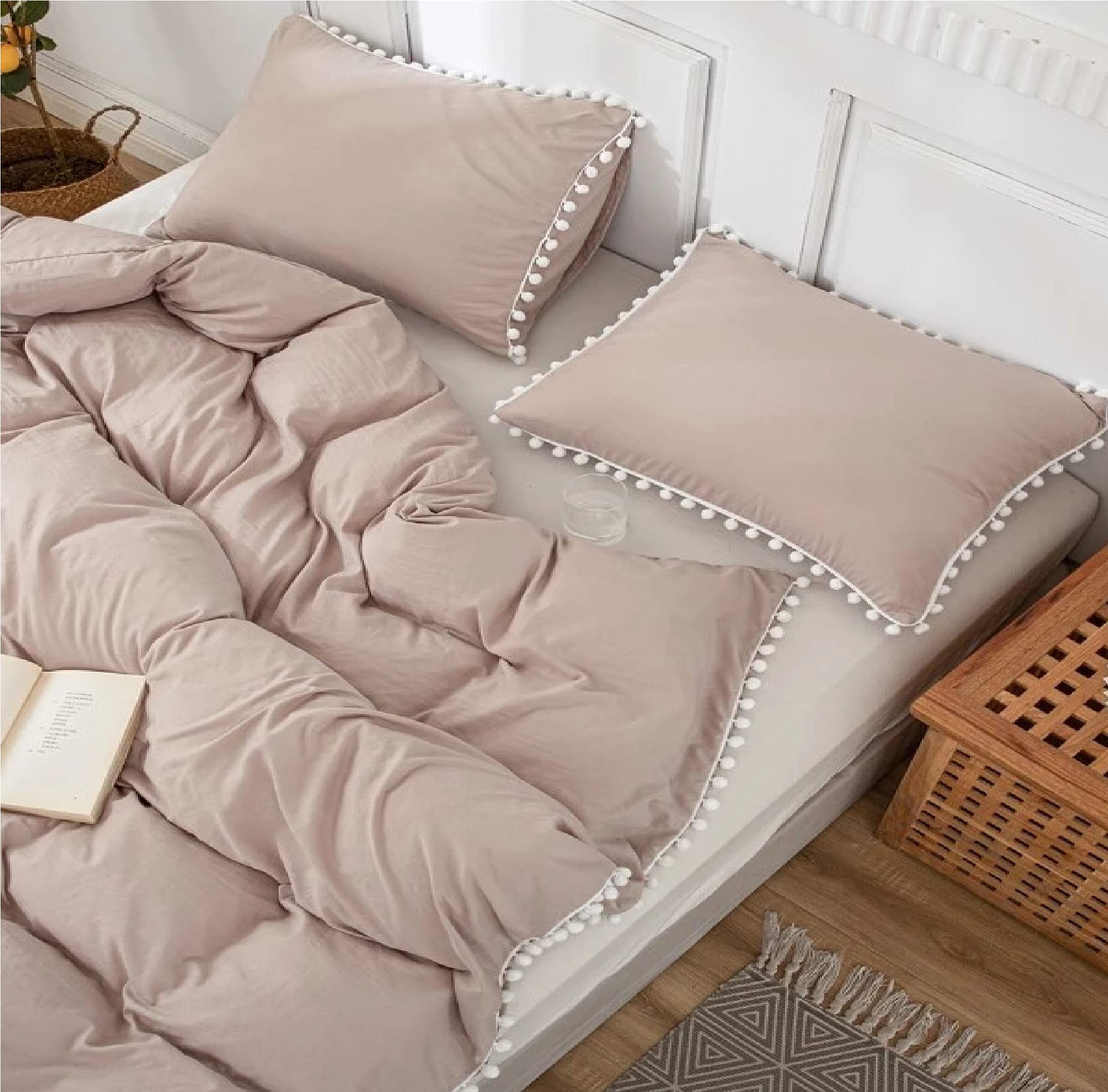 Beige Stone Washed Cotton Duvet Cover Set with White Pom Pom Trim - Queen/King/Twin/California King Size - Soft & Cozy Bedding for Master Bedroom, Guest Room, or Dorm