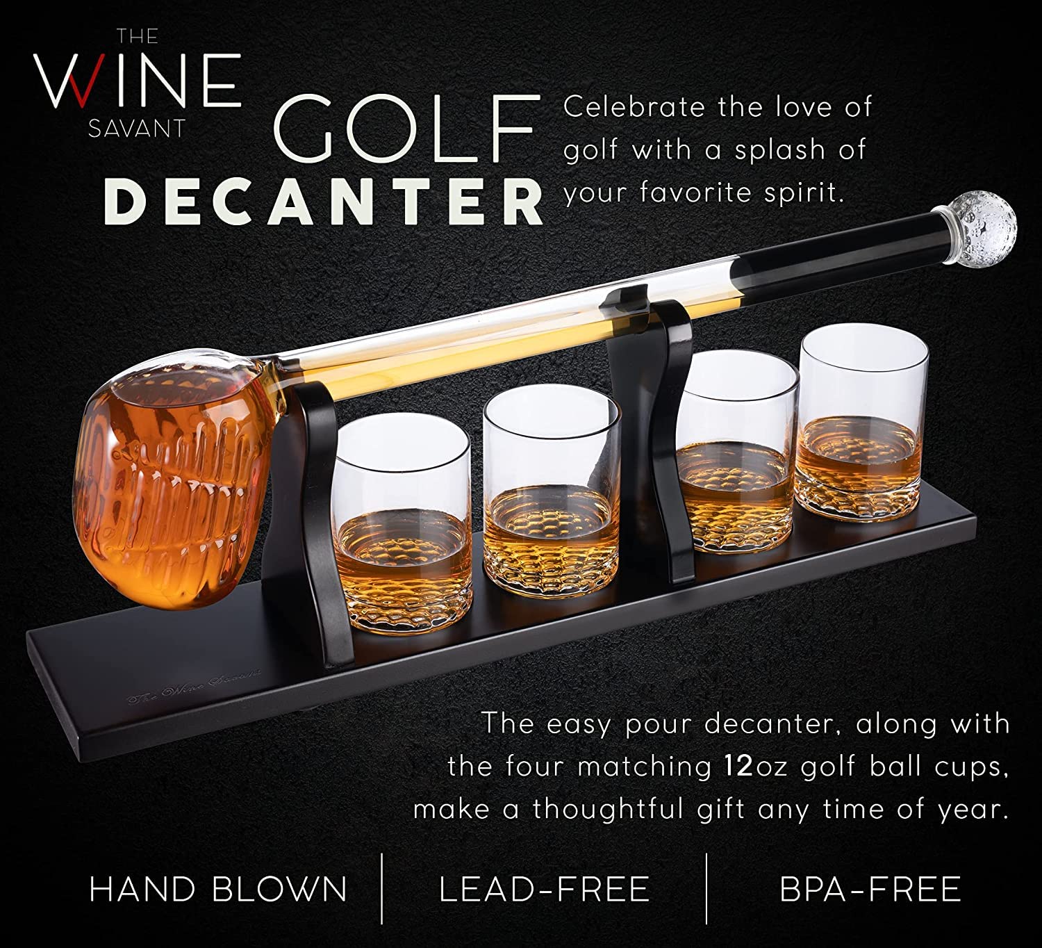 Premium Golf Club Whiskey Decanter Set with 4 Crystal Glasses - Unique Bourbon & Scotch Decanter Gift for Men - Perfect Golf-Themed Liquor Serving Set for Dad - Ideal for Home Bars, Man Caves, and Golf Enthusiast Gifts