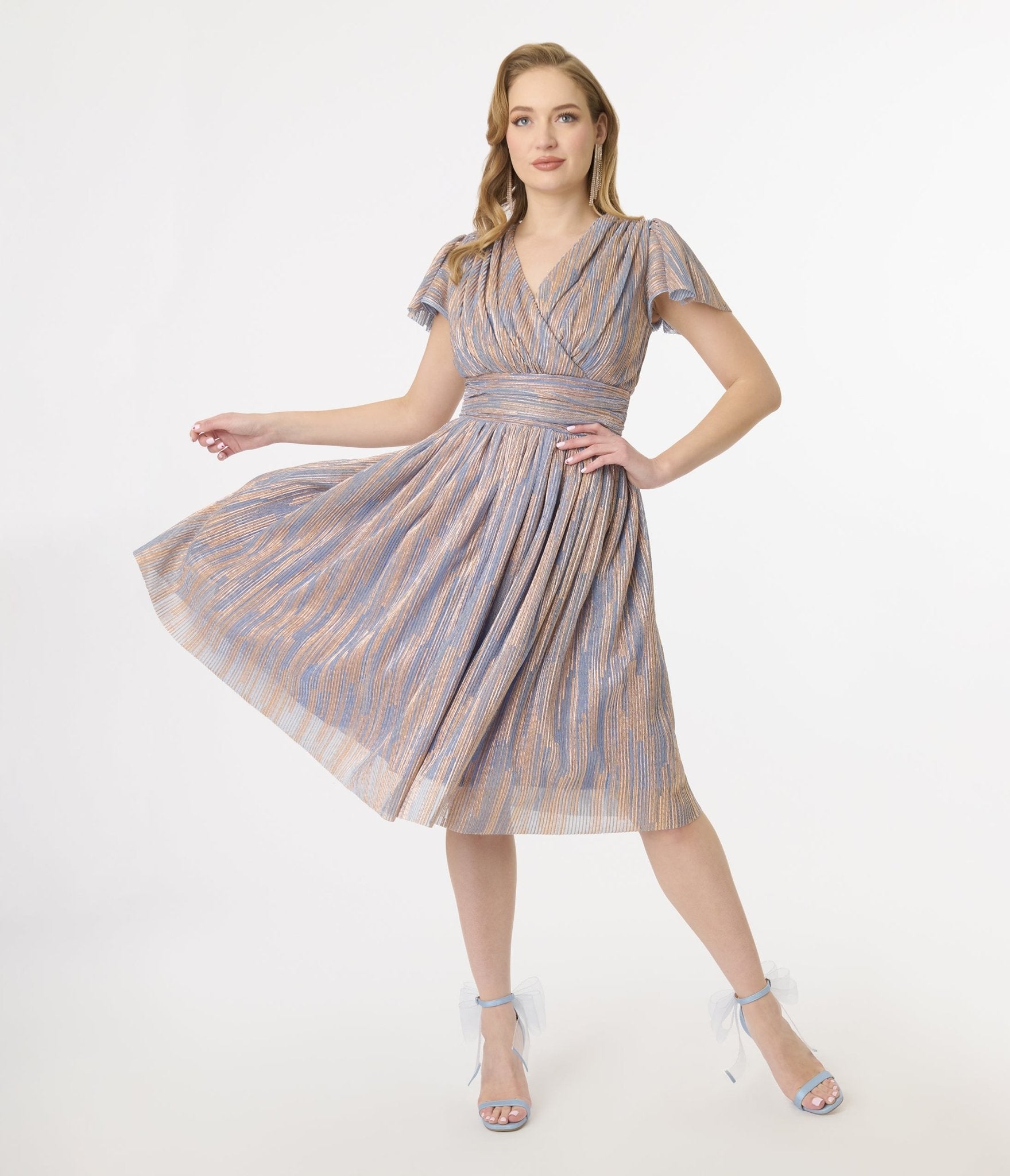 Magnolia Place Periwinkle & Gold Flutter Sleeve Midori Swing Dress - Elegant Floral Summer Dress for Women, Perfect for Garden Parties, Weddings & Date Nights