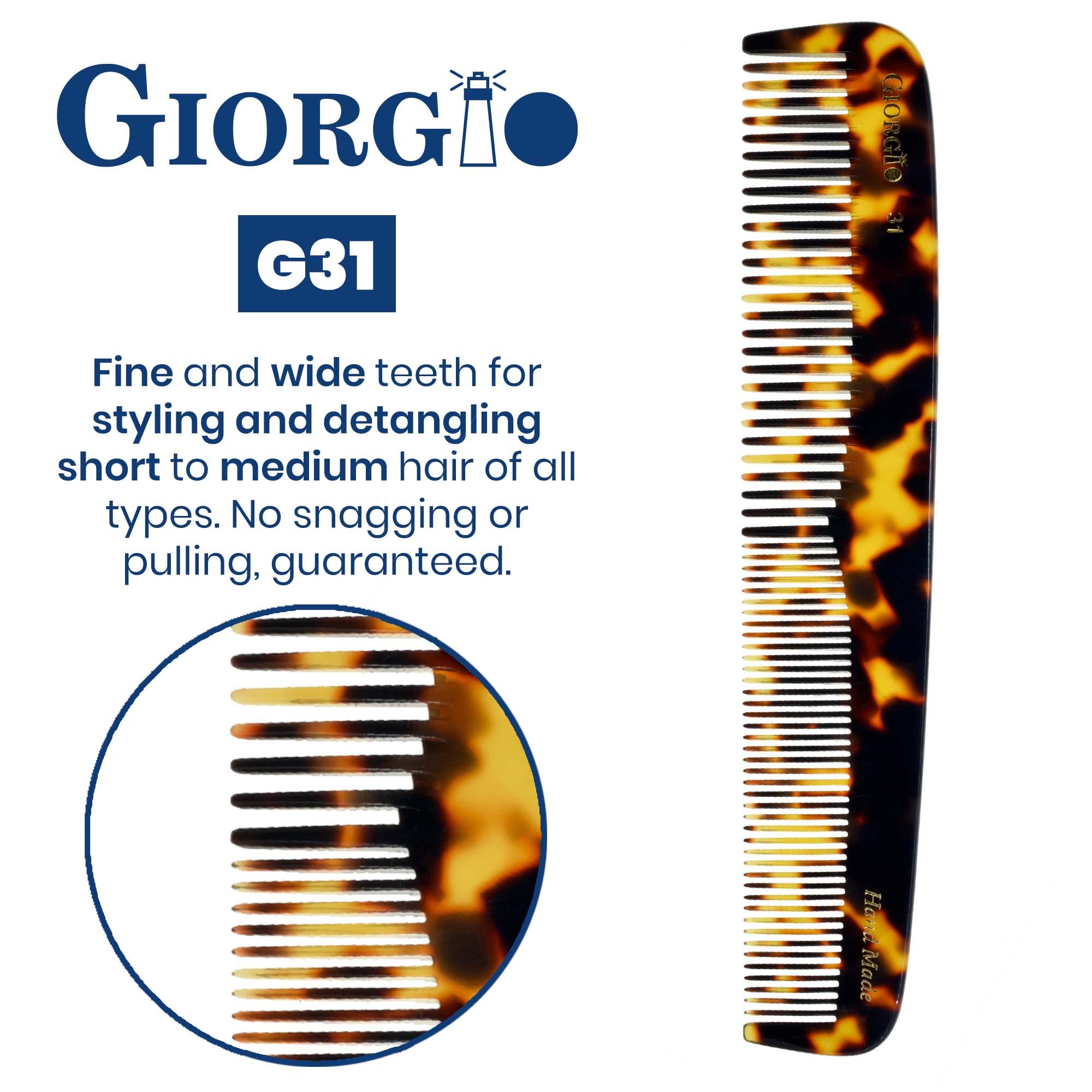 Giorgio G31 Fine & Wide Tooth Hair Comb for Men & Women - Handmade Saw-Cut Detangling Comb for Beard Care, Styling & Grooming - Perfect for Daily Use, Travel & Salon Styling