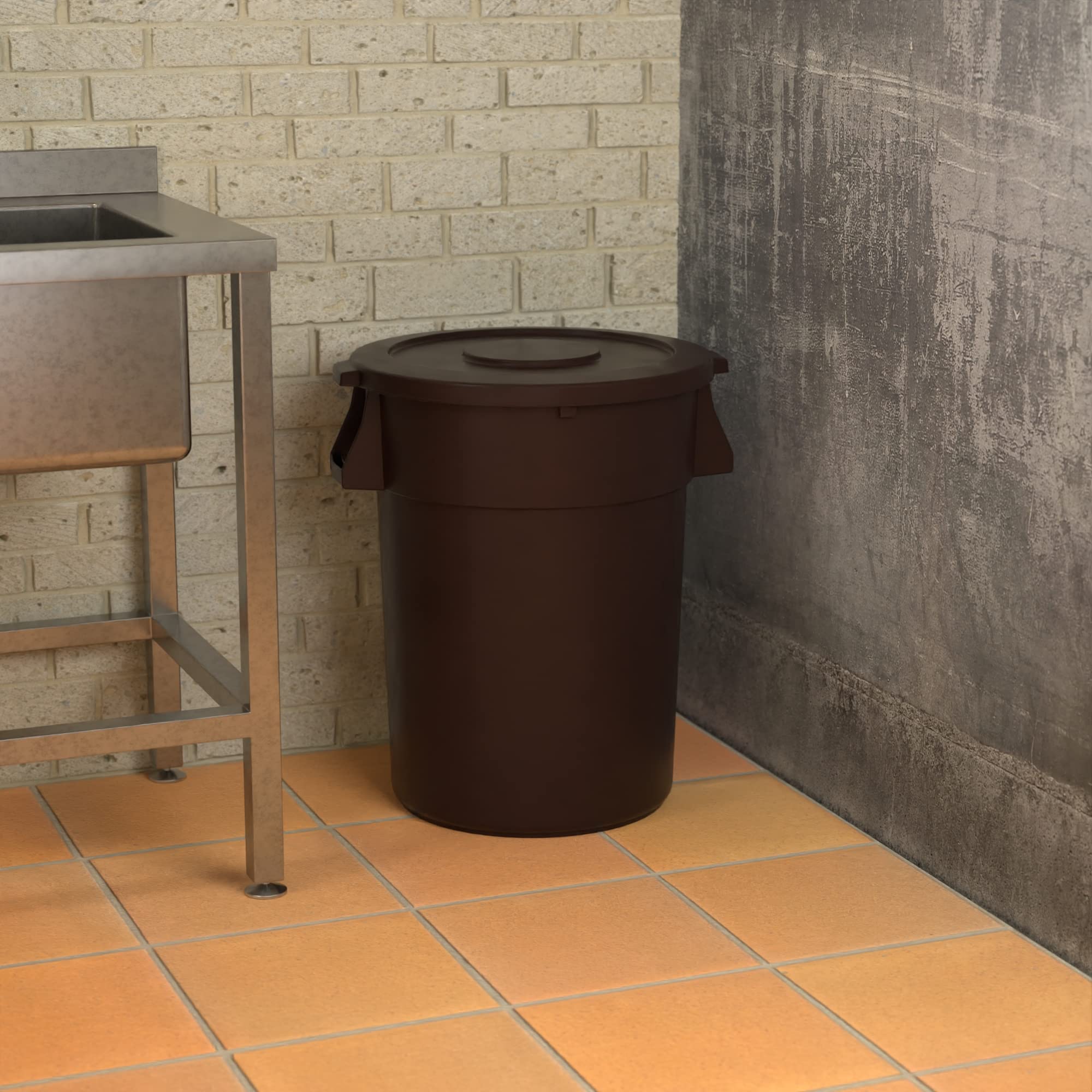 44 Gallon Brown Round Commercial Trash Can with Lid - Heavy Duty Waste Bin for Office, Restaurant & Outdoor Use - Durable Large Capacity Garbage Can