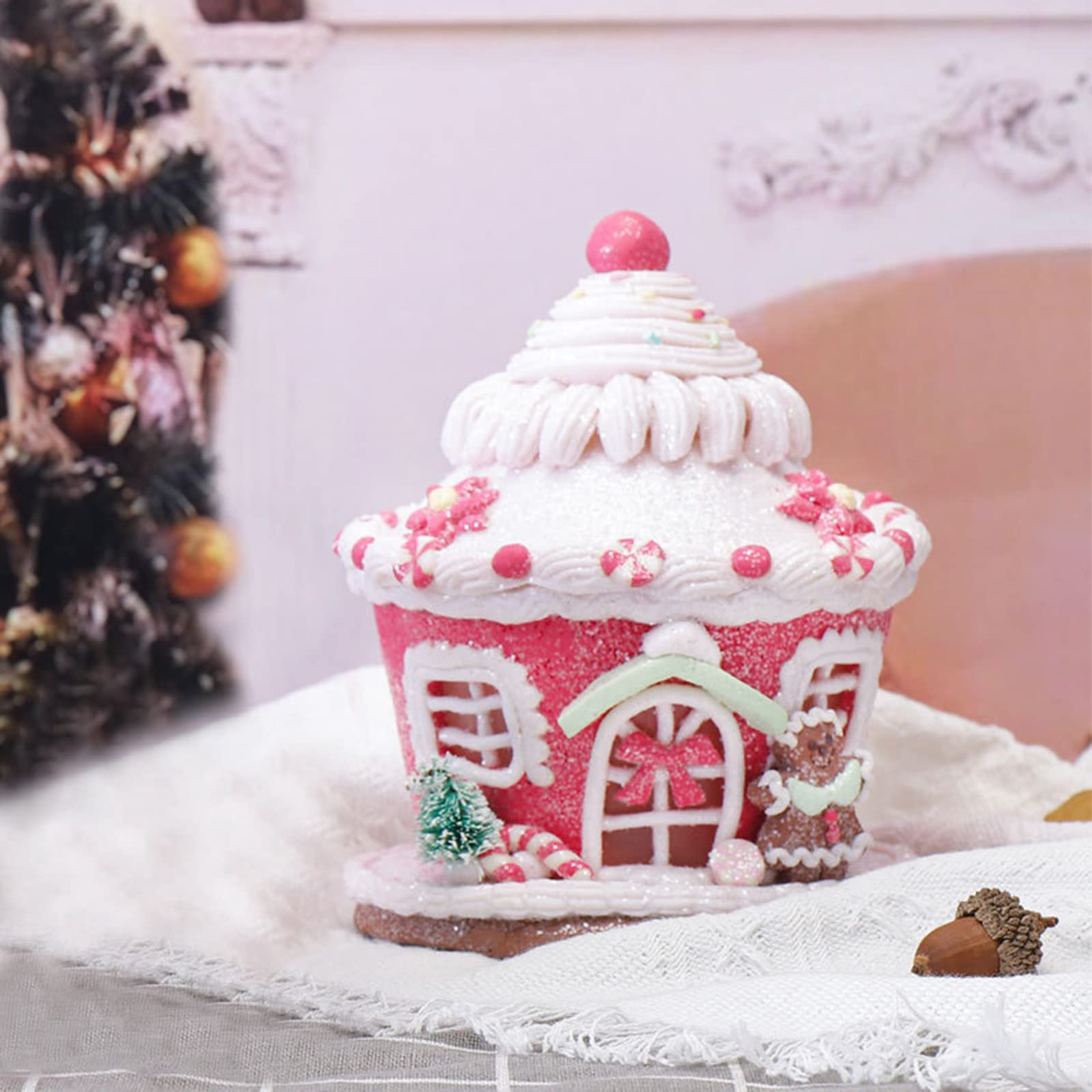 LED Lighted Christmas Gingerbread House Ornaments - Pink Candy House Decor with Lights for Holiday Tree, Mantel & Tabletop - Festive Indoor Room Decoration for Xmas Party & Home Décor
