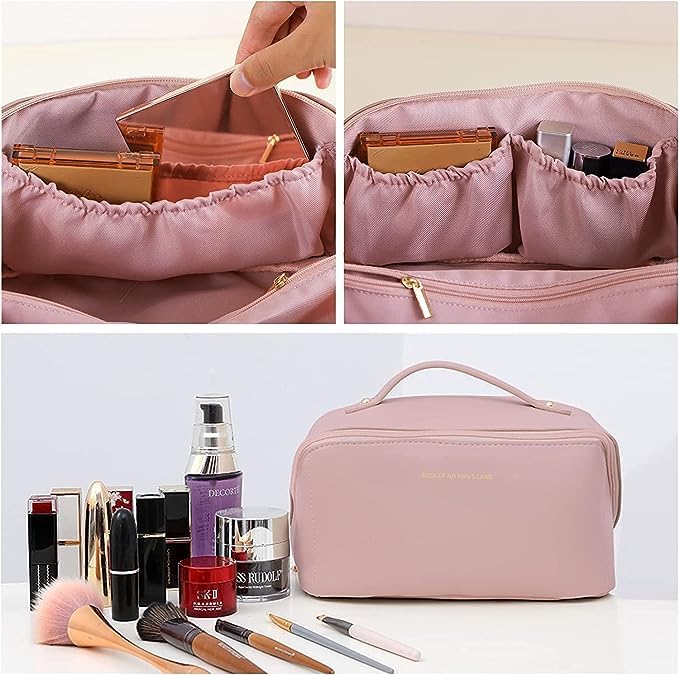 BRIGHTZONE Large Capacity Waterproof Leather Makeup Travel Bag with Handle & Dividers - Portable Cosmetic Organizer for Toiletries, Brushes & Skincare (Multicolor) - Perfect for Travel, Gym & Daily Organization