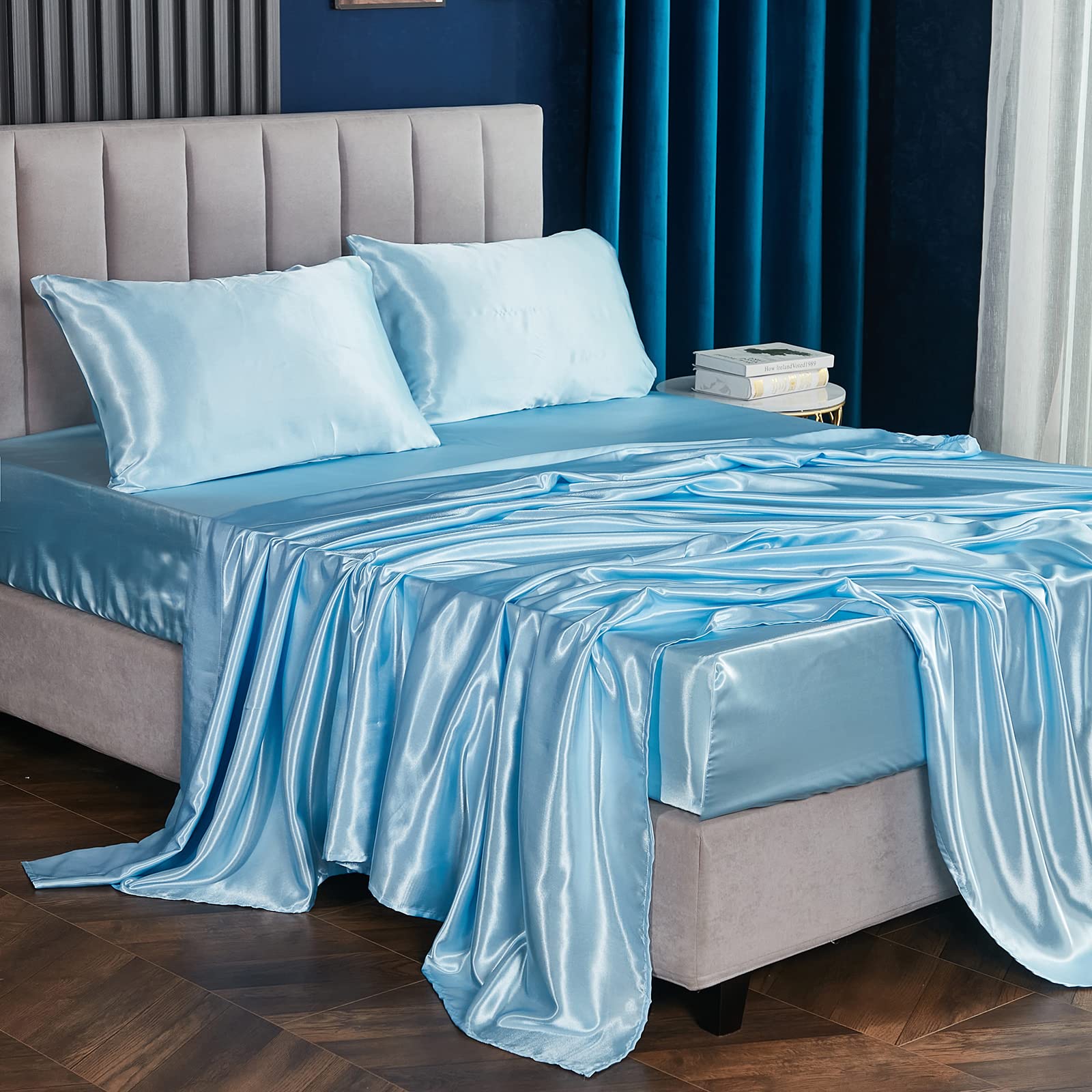 Luxury 4-Piece Satin Sheet Set Queen Size - Baby Blue Silky Bedding with Deep Pocket Fitted Sheet, Flat Sheet & 2 Pillowcases | Soft Silk-Like Satin for Ultimate Comfort | Perfect for Master Bedroom, Guest Room & Luxury Hotels