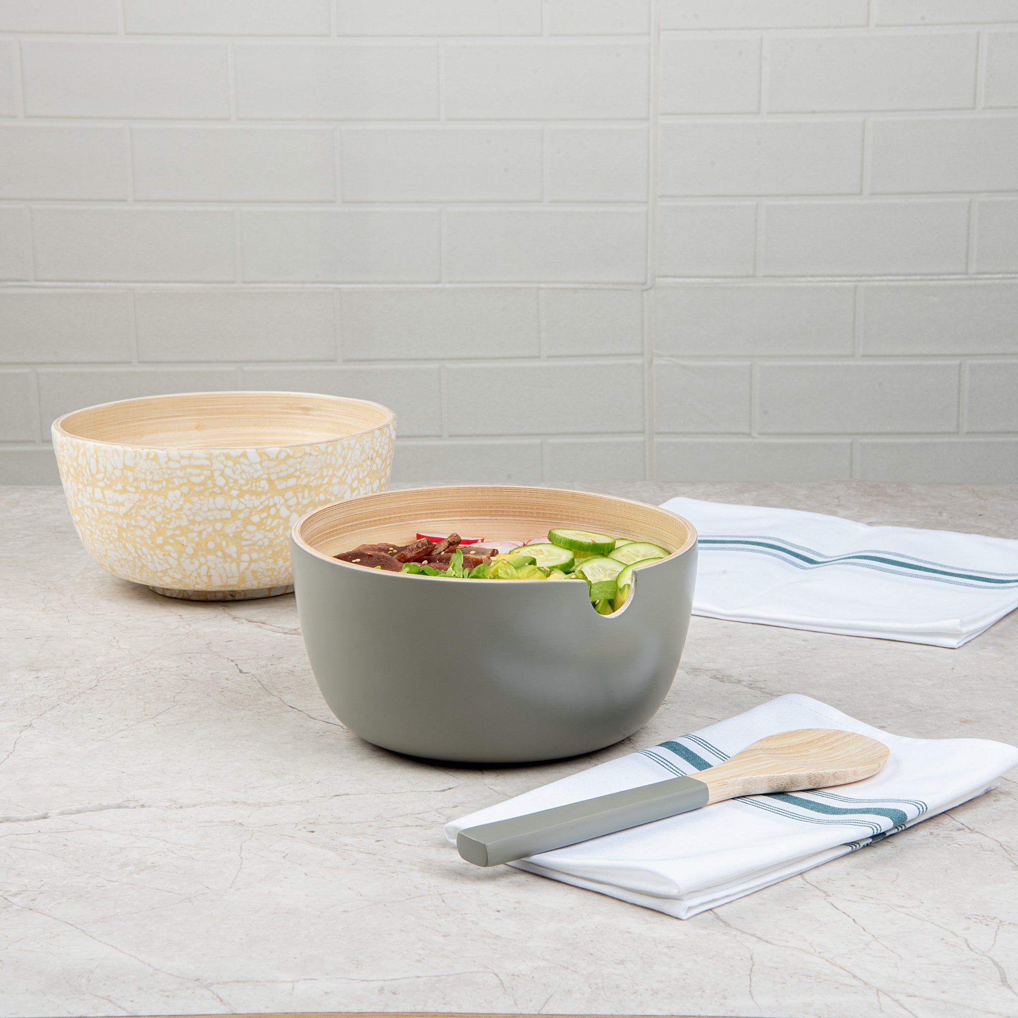 Bambuddha 25 oz Round Gray Spun Bamboo Serving Bowl with Spoon - Set of 10 (7.75