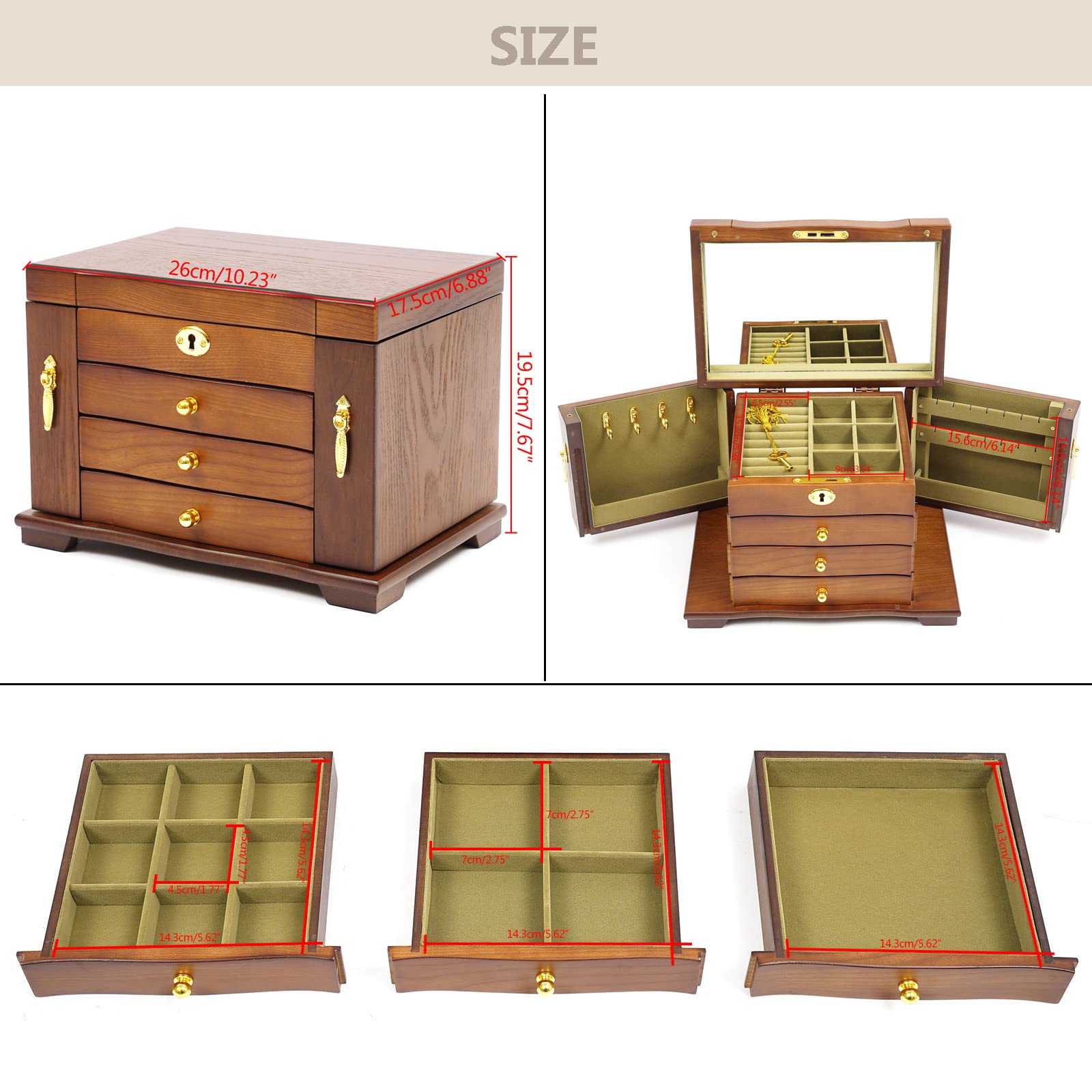 4-Layer Wooden Jewelry Box Organizer with Mirror & Lock - Jewelry Storage Case for Earrings, Rings, Necklaces & Bracelets - Perfect for Bedroom Vanity, Travel & Gift Giving