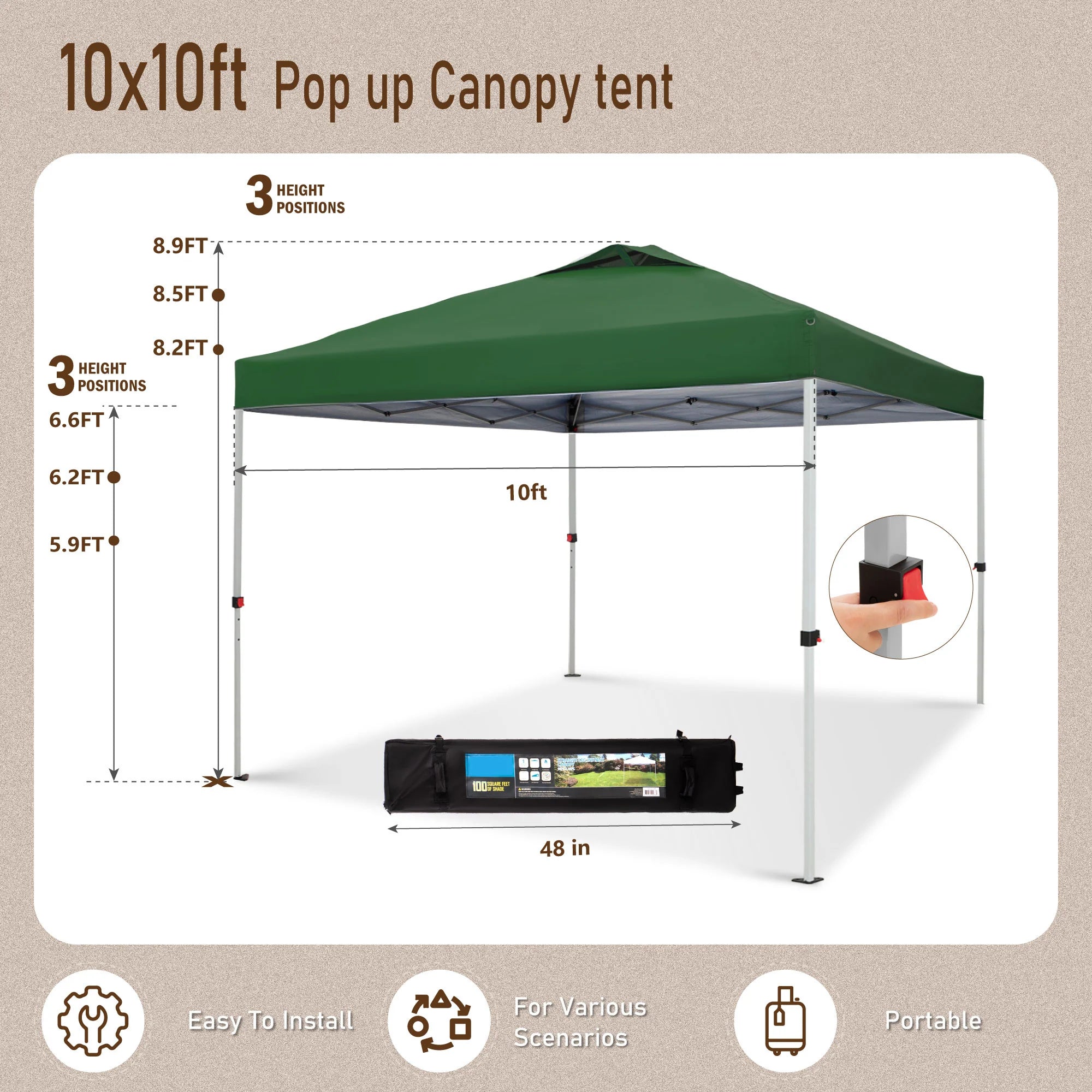 PHI VILLA 10'x10' Pop Up Canopy Tent - 3 Adjustable Heights, Portable Instant Shelter with Carry Bag - Perfect for Outdoor Events, Camping, Picnics, and Beach Parties