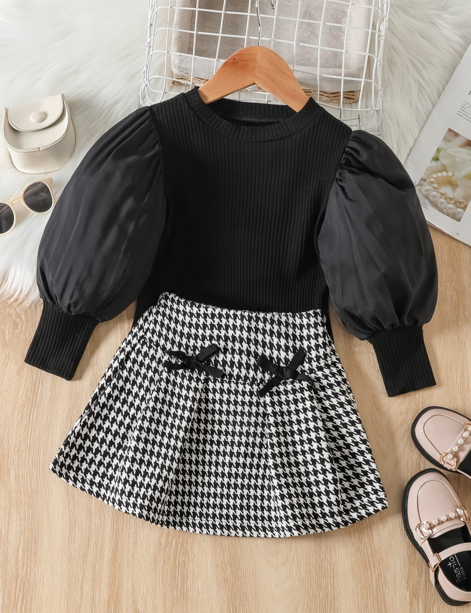 **DONWEN Toddler Girl Outfit Set - Puff Sleeve Top & Plaid Pleated Skirt 2-Piece Winter Clothes for Girls, Fall & Winter Fashion, Perfect for Holidays, Parties & School**