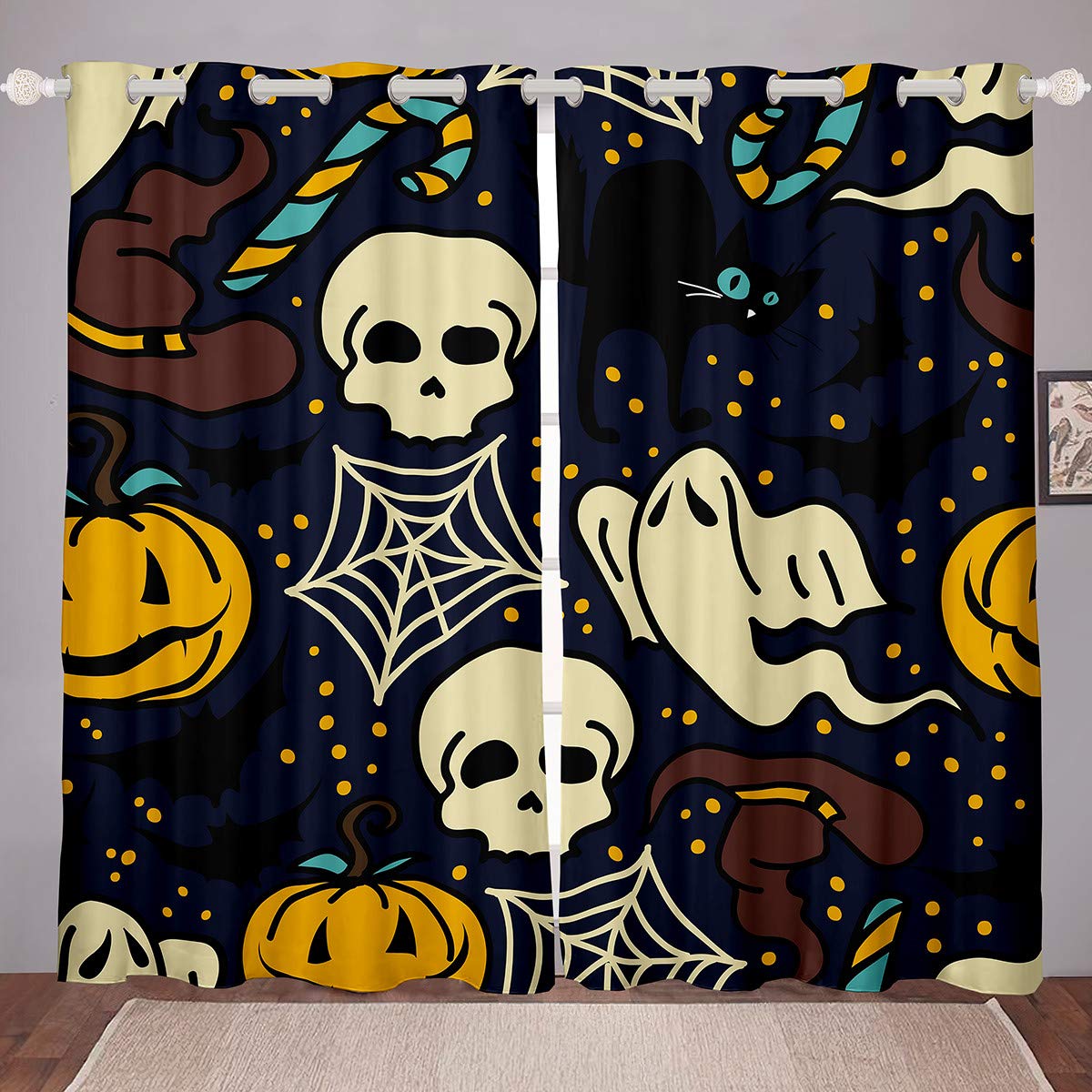 Halloween Window Curtains - Cartoon Skull Pumpkin Spider Web Decor, Ghost Festival Theme Drapes with Steel Grommet Top, 2 Panel Set (104Wx96L inches) - Perfect for Living Room, Bedroom & Party Decor