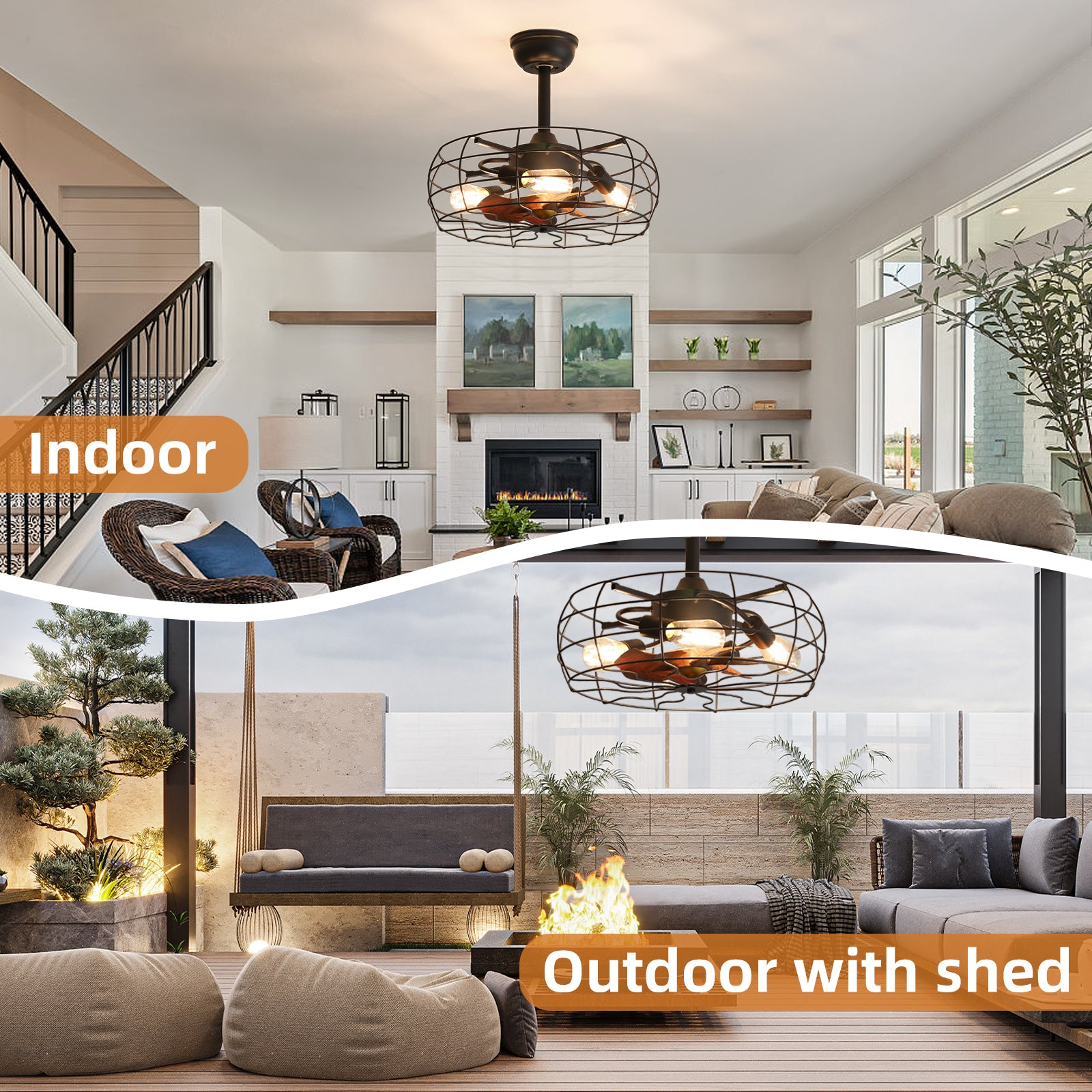 19 Inch Vintage Cage Ceiling Fan with LED Lights - No Bulb Warranty - Perfect for Living Room, Bedroom, and Patio Cooling