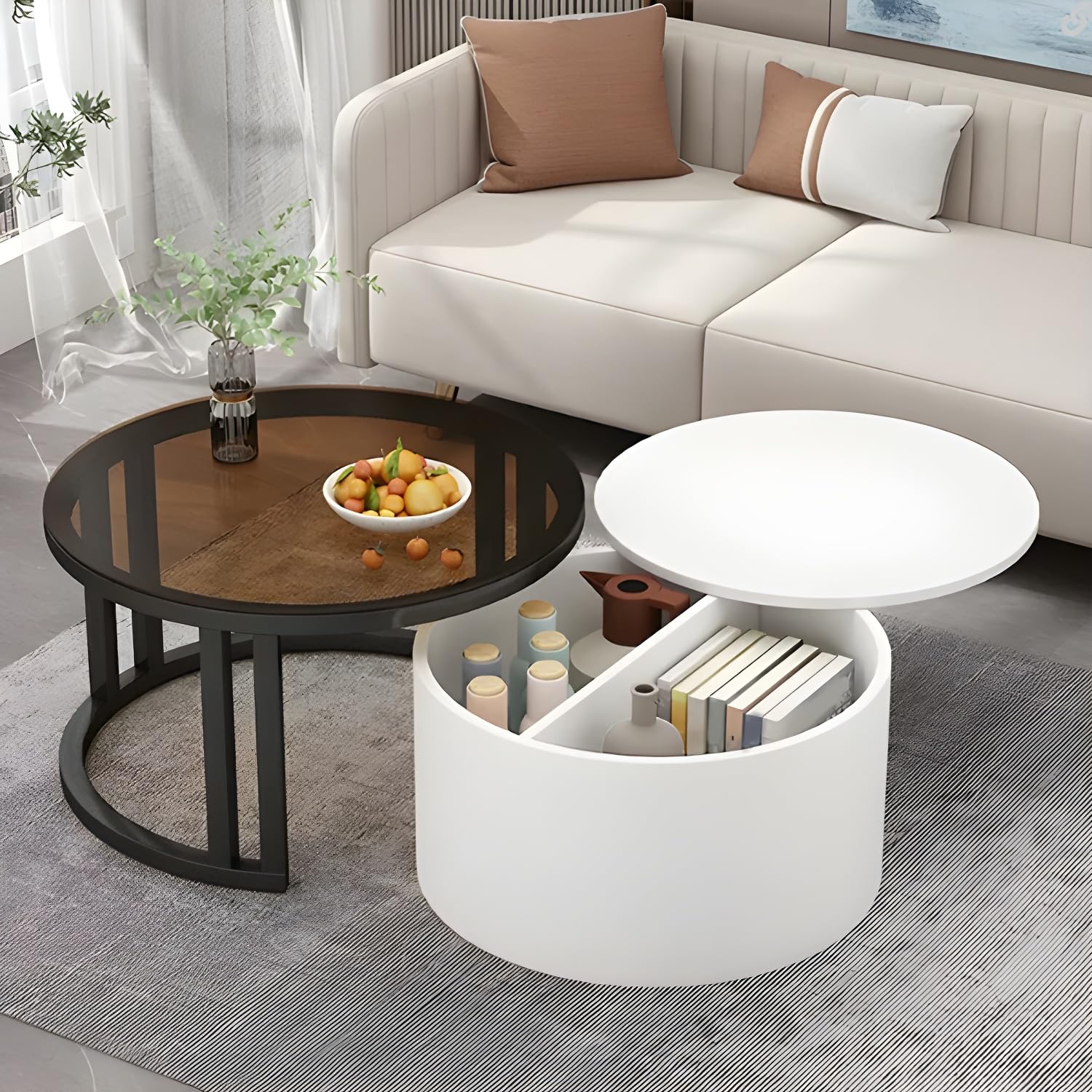 Modern Round Nesting Coffee Table with Steel Base & Storage - Black & Natural Finish for Living Room, Home Office | Space-Saving Center Table for Small Spaces & Stylish Home Decor