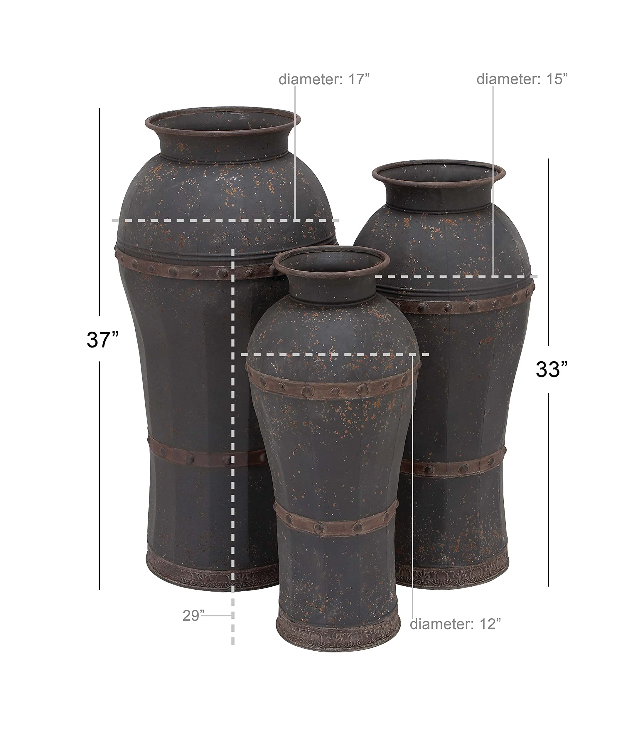 Deco 79 Rustic Metal Vase Set of 3 - Distressed Brown Centerpiece Vases with Rivet Details (37