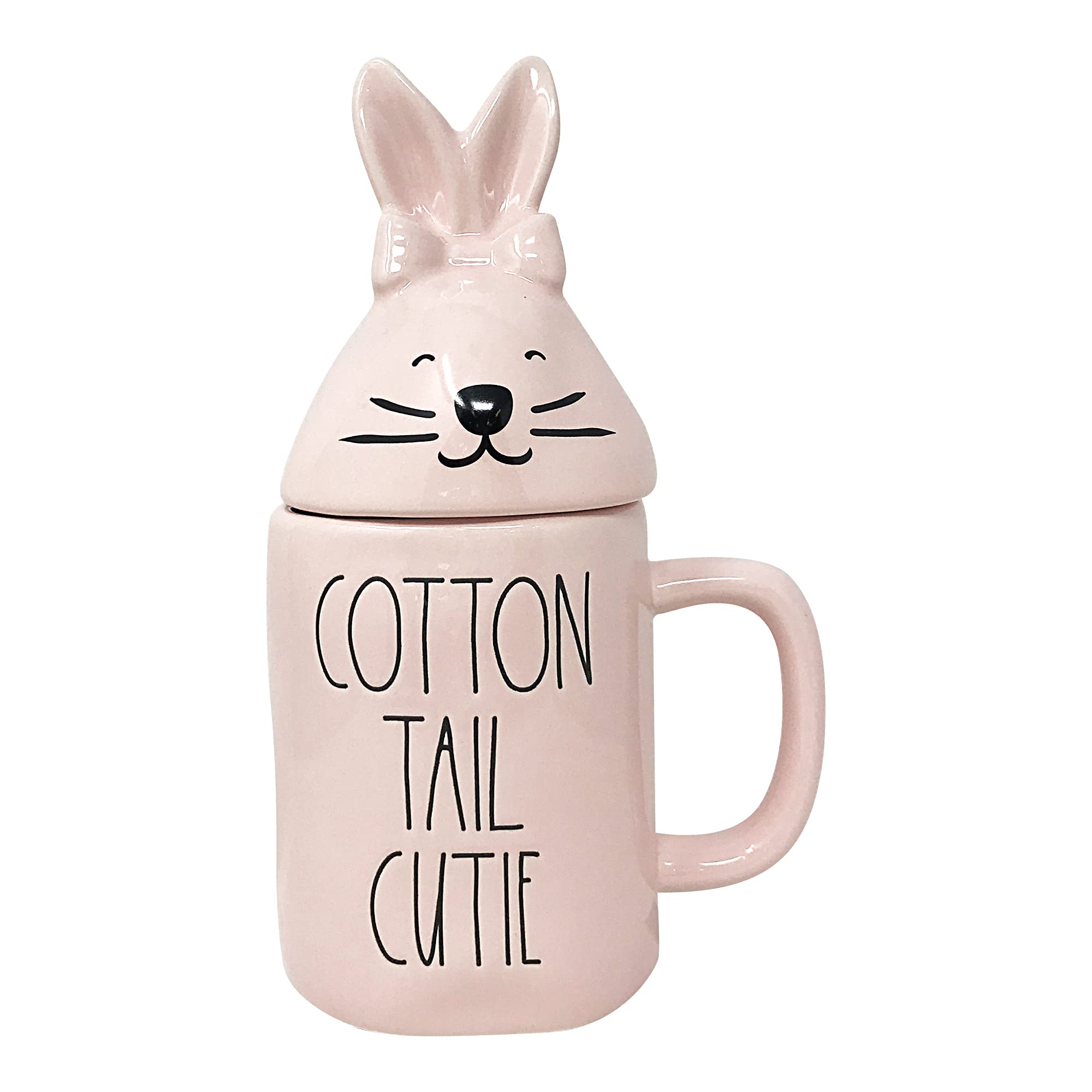 Rae Dunn Ceramic Easter Mug with Decorative Lid - Pink Cotton Tail Cutie Bunny Design for Coffee, Tea & Hot Drinks - Perfect for Spring Celebrations, Easter Gifts & Home Decor