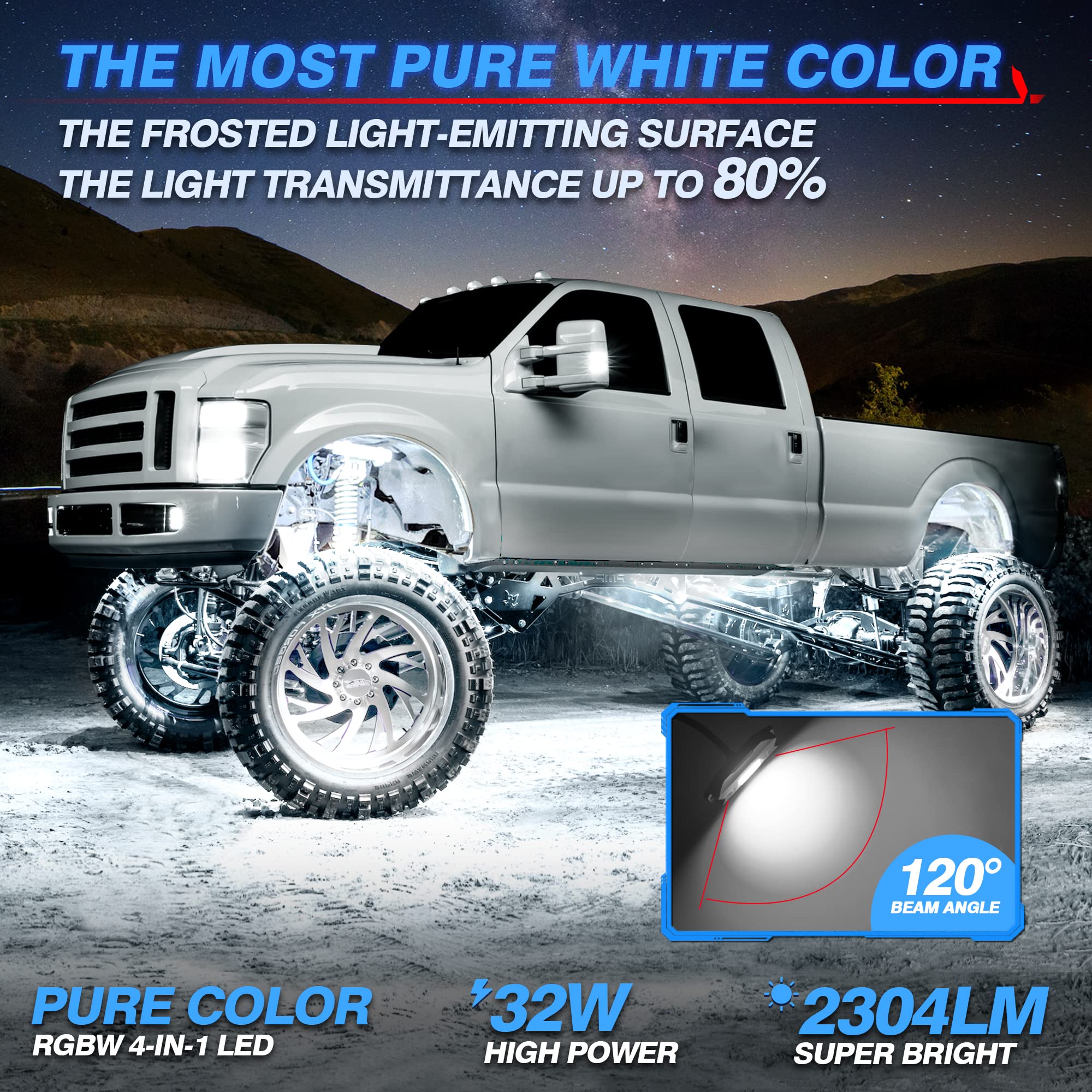 MICTUNING C1 8 Pods RGBW LED Rock Lights - Waterproof Multicolor Underglow Neon Light Kit with Bluetooth Controller & Music Sync for Trucks, Jeeps, ATVs - Perfect for Off-Roading, Car Shows & Night Driving