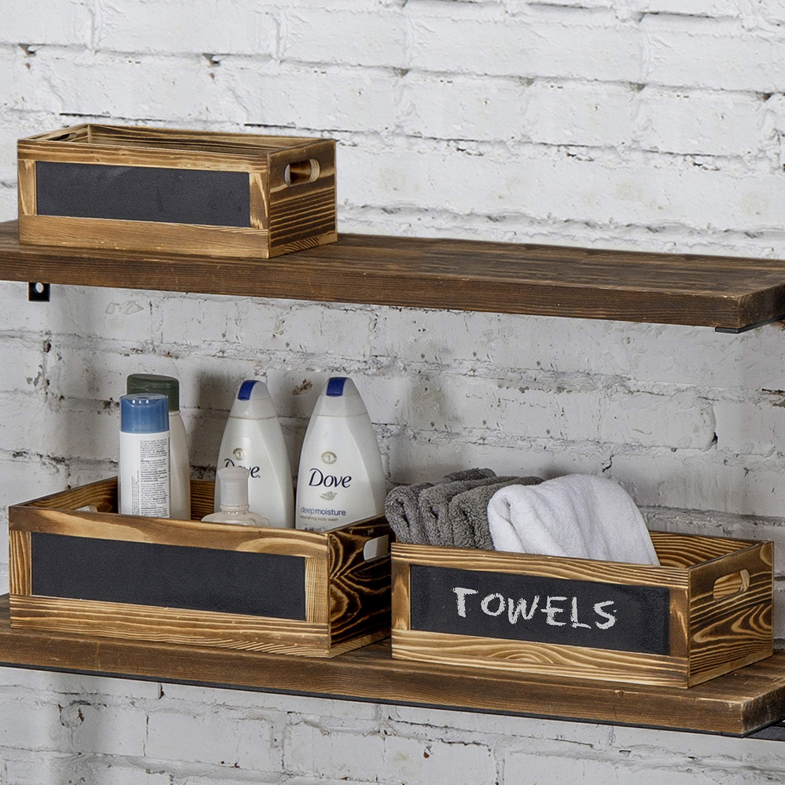 Rustic Burnt Wood Nesting Storage Bins with Chalkboard Panel & Cutout Handles - Farmhouse Decorative Stackable Wooden Open Top Boxes, 3-Piece Set - Perfect for Home Organization, Pantry Storage & Farmhouse Decor