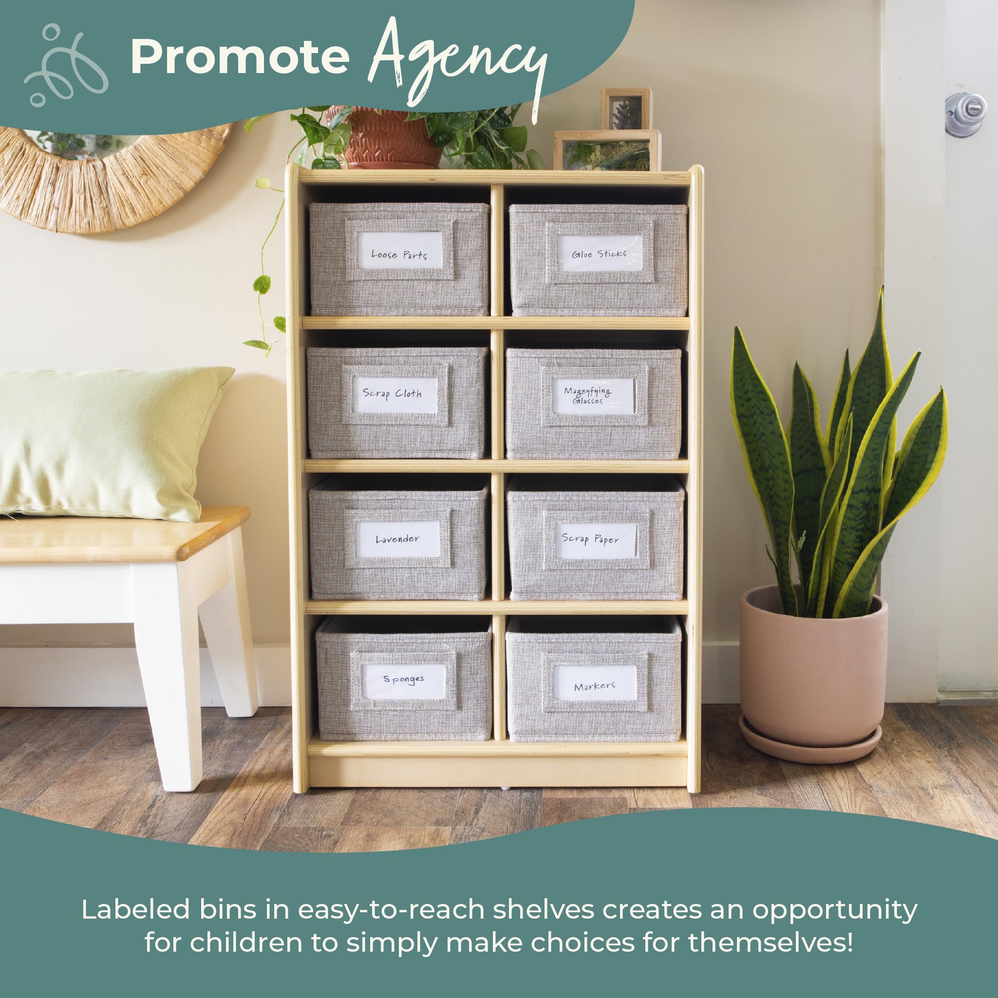 Guidecraft EdQ Cubby Bin Storage Organizer - Natural Wood Bookshelf with 8 Fabric Bins | Toy & Book Organizer for Kids, Teachers & Homeschooling | Classroom & Home Organization Furniture for Playrooms, Daycares & Montessori Schools
