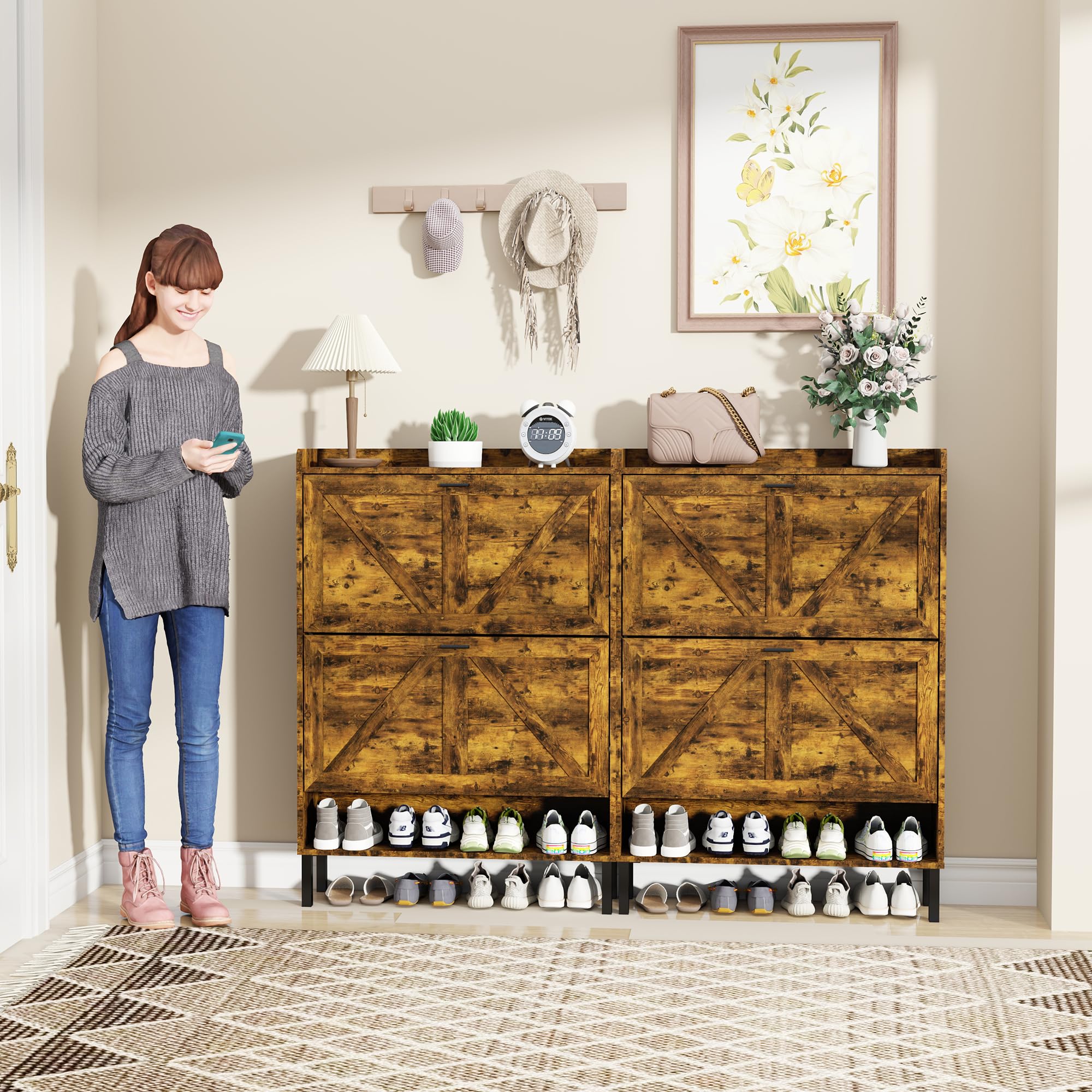 Farmhouse Wooden Shoe Cabinet with 2 Flip Drawers - Rustic Brown Entryway Storage Organizer, Freestanding Tall Narrow Shoe Rack with Metal Legs for Hallway, Living Room & Bedroom Organization