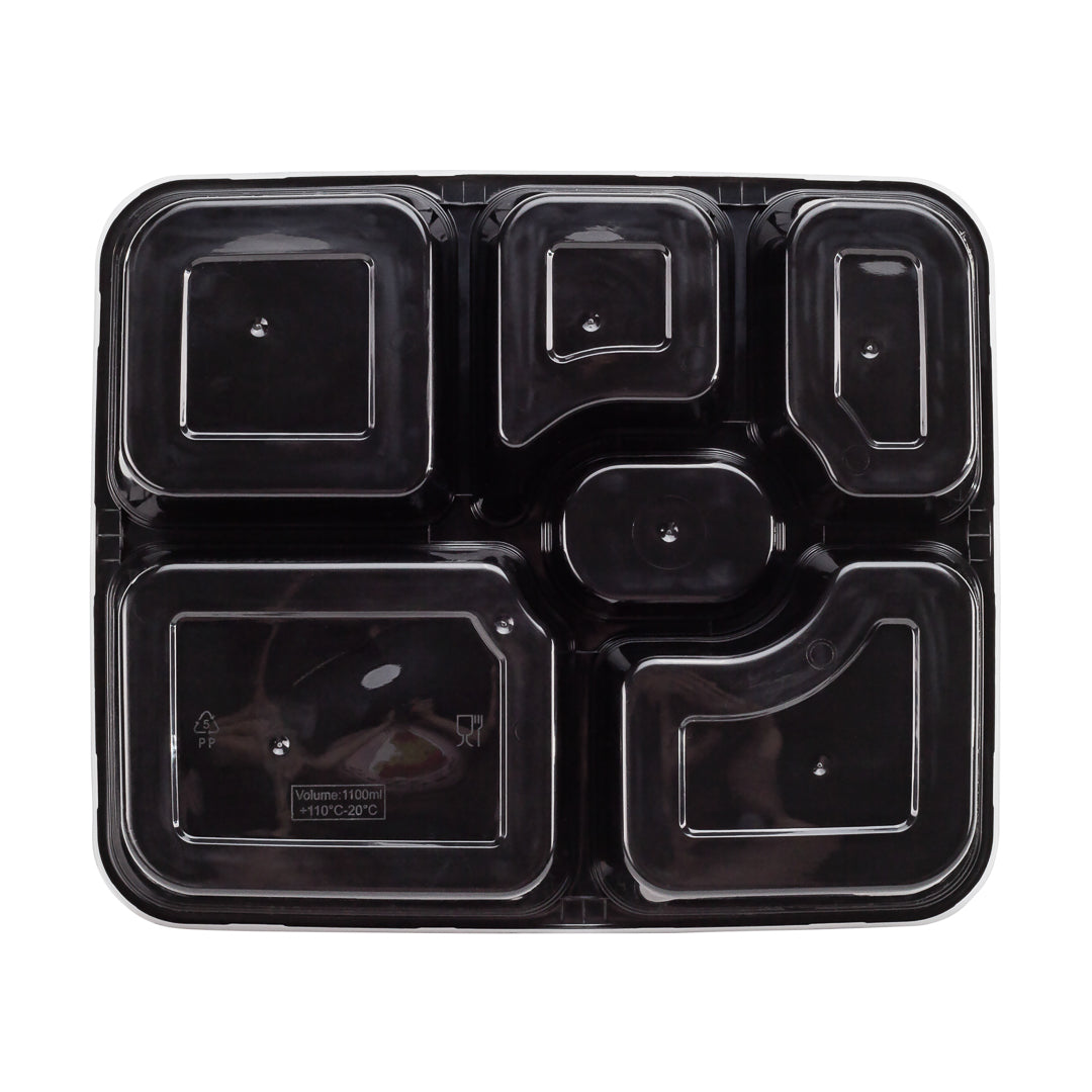53 oz Black Plastic 6-Compartment Food Storage Container with Clear Lid - Microwave Safe (9.75