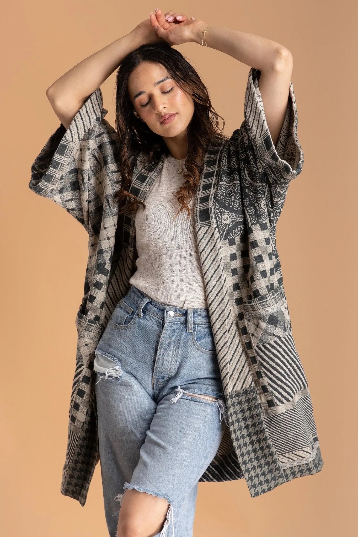 Stylish Mixed Plaid Pattern Long Jacket for Women - Trendy Fall Winter Coat with Pockets - Perfect for Office, Dating & Outdoor Activities