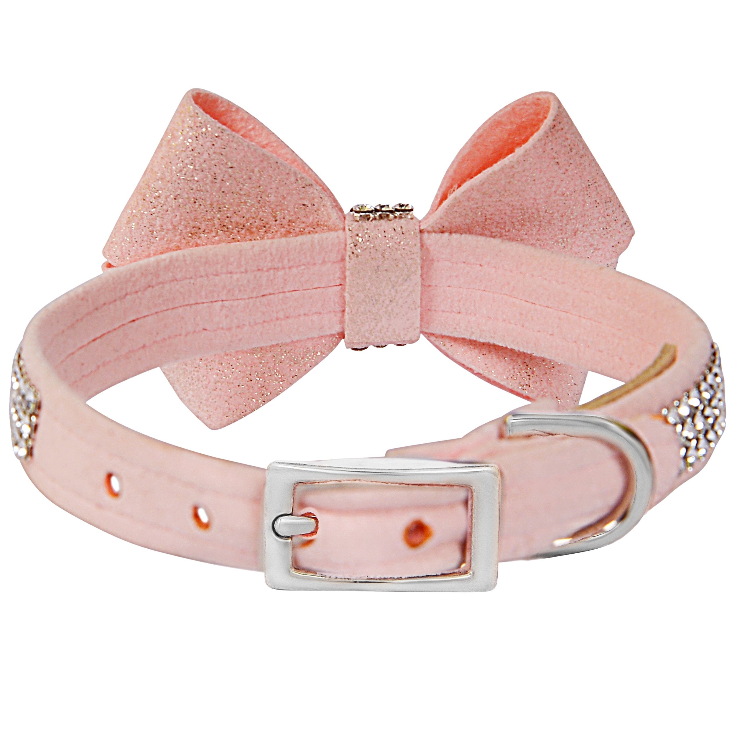 Puppy Pink Glitter Bow Dog Collar - 3 Row Rhinestone Giltmore Collar for Small Dogs, Fashion Pet Accessory for Daily Walks & Special Occasions
