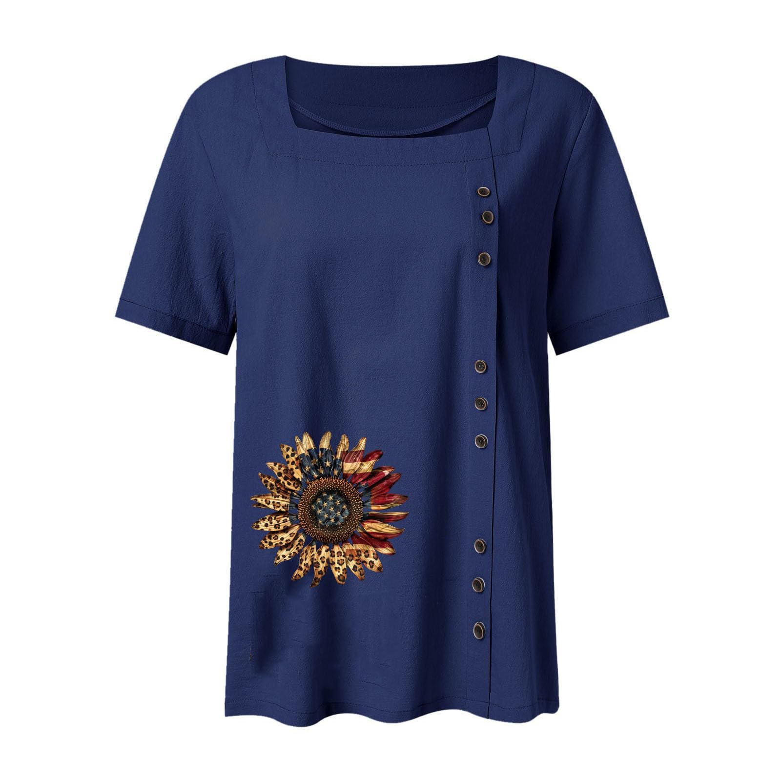 Women's Cotton Linen Top - American Flag Sunflower Shirt for Summer & 4th of July Outfits