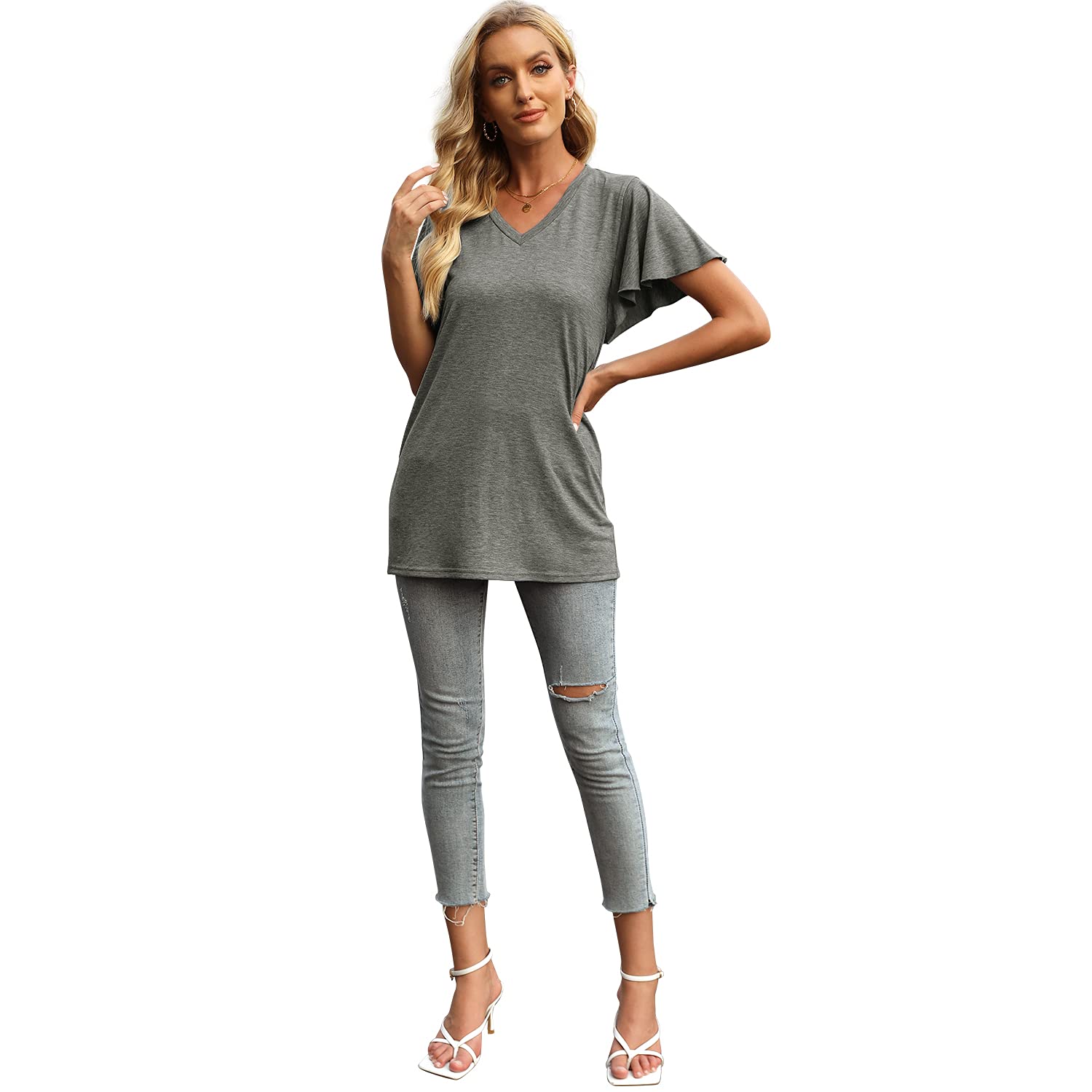 BESFLY Women's Summer V-Neck T-Shirt - Casual Puff Sleeve Long-Sleeve Blouse Tunic Top for Work, Date Night & Outdoor Activities | Breathable & Stylish Women's Fashion Top