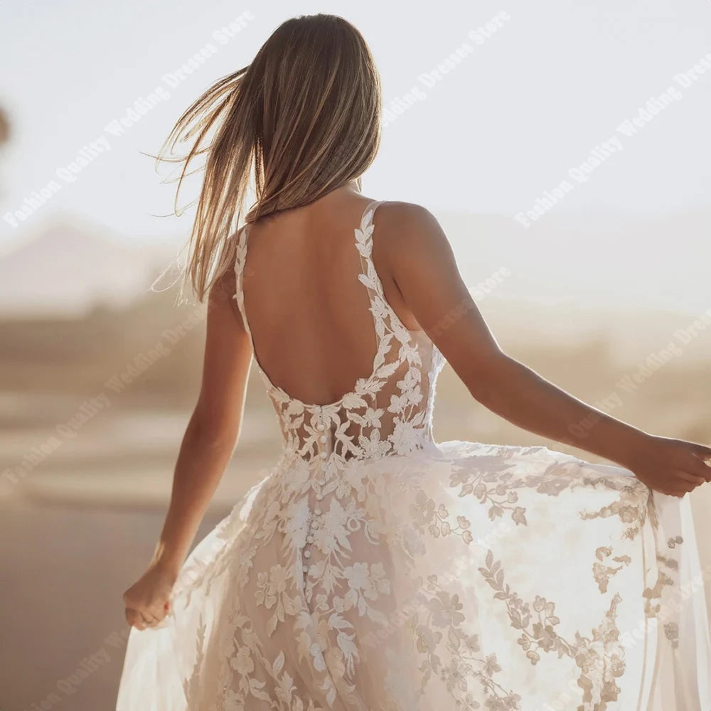 Sparkling Square Neck Sleeveless Tulle Wedding Dress for Women - Elegant Bridal Gown for Beach, Garden & Church Ceremonies