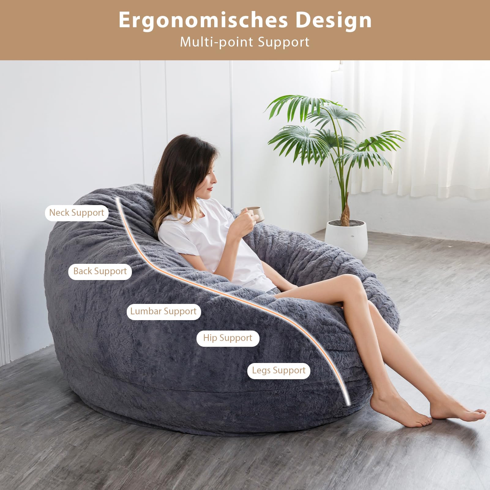 BYBYME 3-in-1 Convertible Bean Bag Chair - Foldable Lounger to Sofa Bed with High-Density Foam Filling & Soft Faux Fur Cover - Giant Adult Bean Bag for Living Room, Bedroom, Dorm or Game Room Relaxation