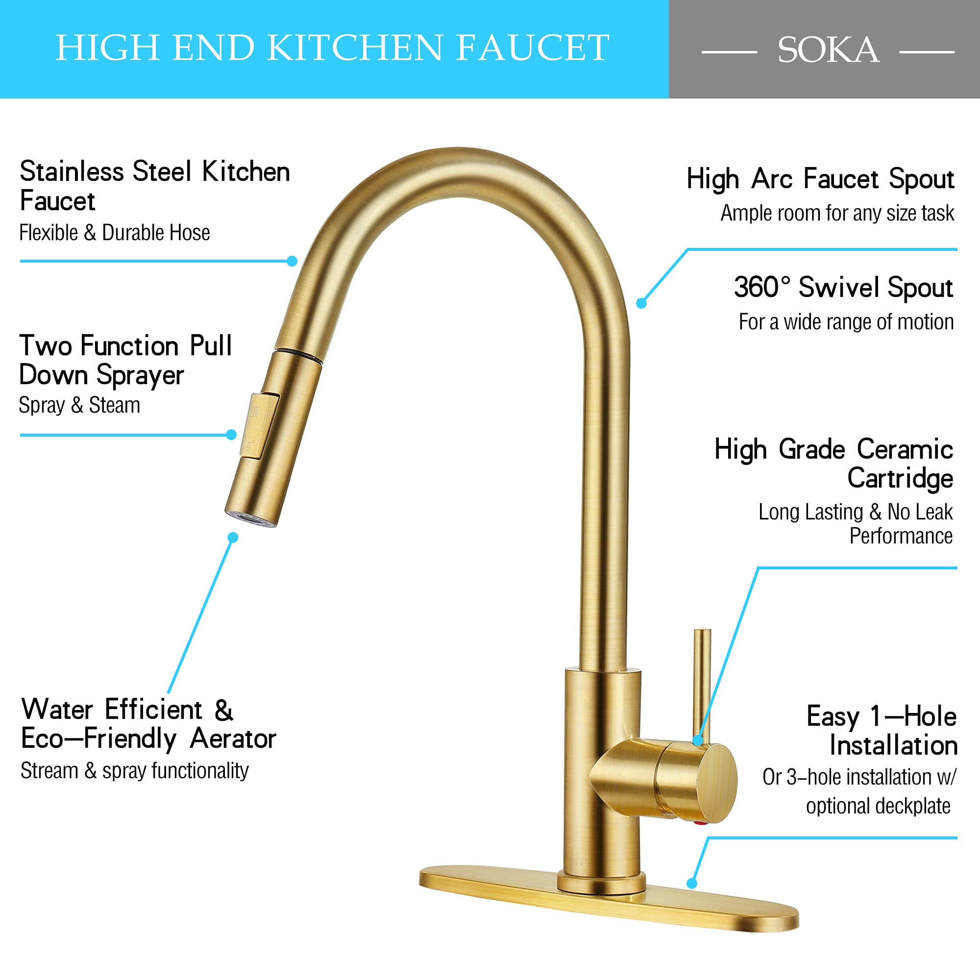 SOKA Commercial Kitchen Faucet with Pull Down Sprayer - RV Touch Faucet for Kitchen Sink, Single Handle High Arc Gold Faucet for Travel Trailers - Fits 1 & 3 Hole with Deck Plate - Perfect for RV, Tiny Homes & Mobile Kitchens