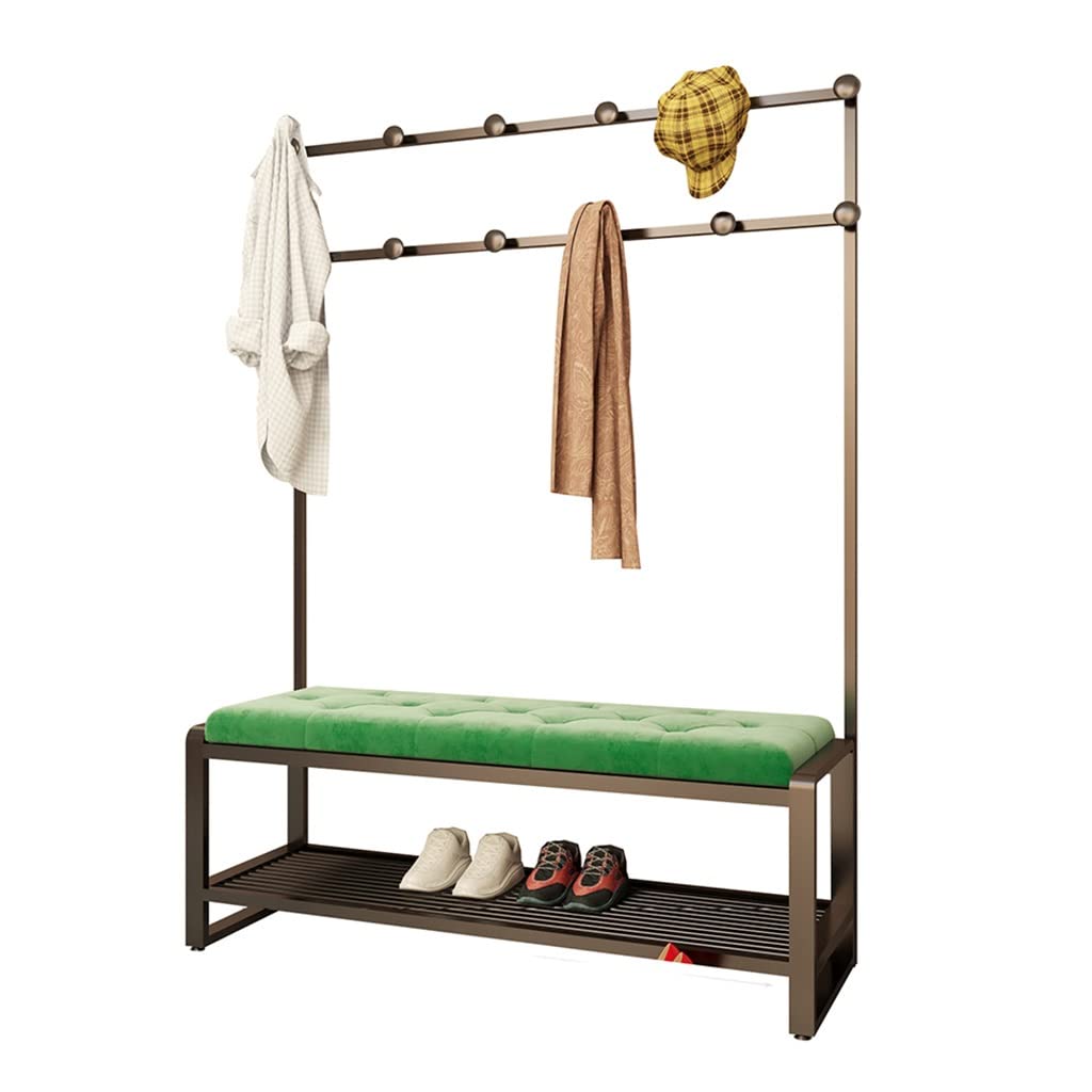 3-in-1 Hall Tree Coat Rack with Shoe Bench & Storage Shelf - Heavy Duty MDF Entryway Organizer with Hooks & Stable Metal Frame - Perfect for Hallway, Bedroom, Dorm, Mudroom & Entry Organization (Black Green, 100x47x160cm)