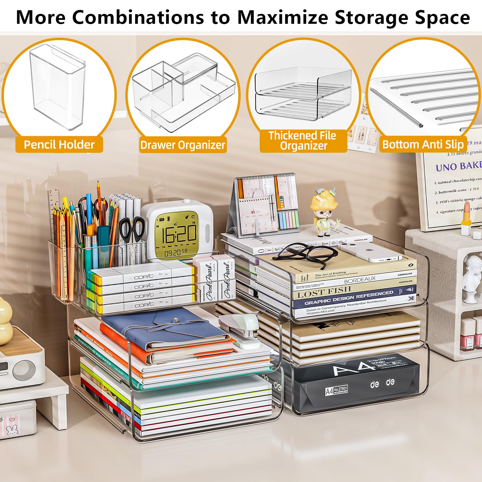 Acrylic Stackable Desk File Organizer with 5-Grid Tray & Pencil Holder - Clear Paper Letter Tray for Office, School, Home - Perfect for Files, iPad, Mail, and Small Items Storage
