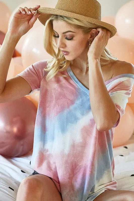 BiBi Tie Dye French Terry V Neck Top - Soft Casual Women's T-Shirt for Summer & Spring | Perfect for Beach, Yoga, and Everyday Wear
