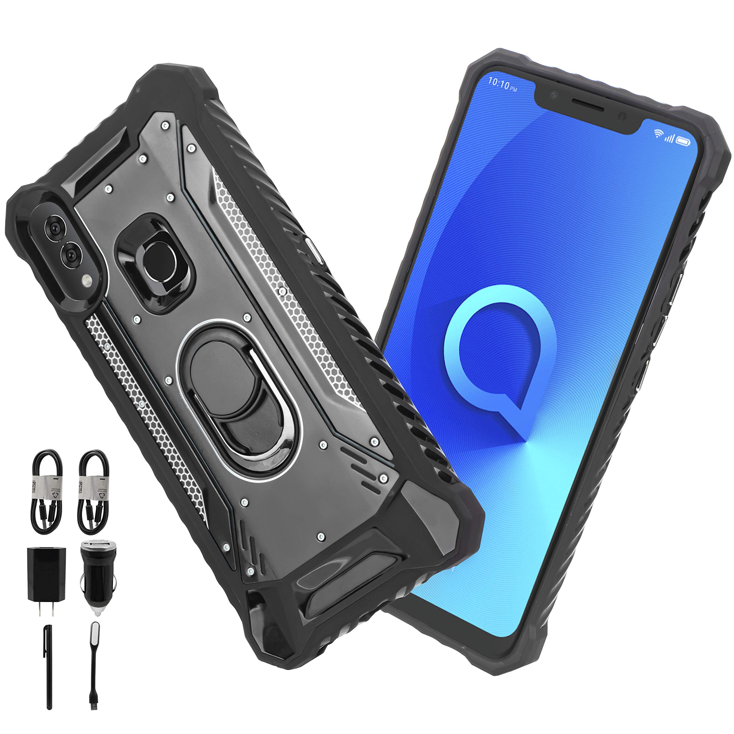 Alcatel 3V (2019) 5032W Shockproof Case with Magnetic Ring Stand - Full Body Protection Bumper Cover - Durable Anti-Slip Phone Case for Alcatel 3V (Black) - Perfect for Work, Travel and Outdoor Activities