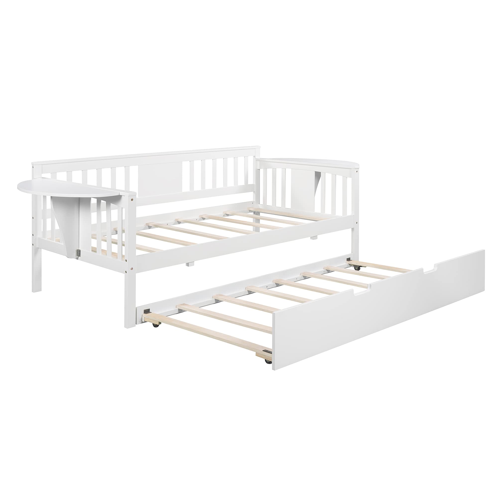 Solid Wood Twin Daybed with Trundle Bed - White Wooden Daybed Frame with Side Tables - Convertible Sofa Bed for Bedroom, Living Room & Guest Room - Perfect for Small Spaces, Sleepovers and Multi-Purpose Use