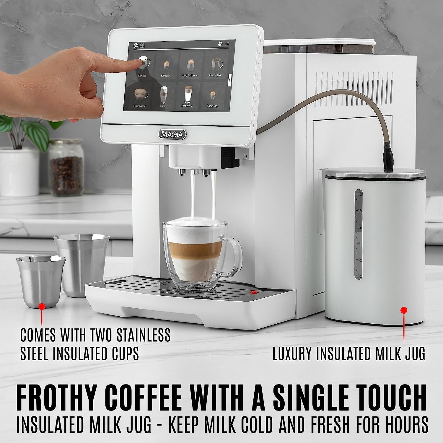 Zulay Magia Fully Automatic Espresso Machine with Built-in Grinder - 19 Customizable Coffee Options - Includes Insulated Milk Frother & Premium Espresso Cups - Auto-Cleaning System for Easy Maintenance - White (Perfect for Home Baristas & Office Coffee Stations)