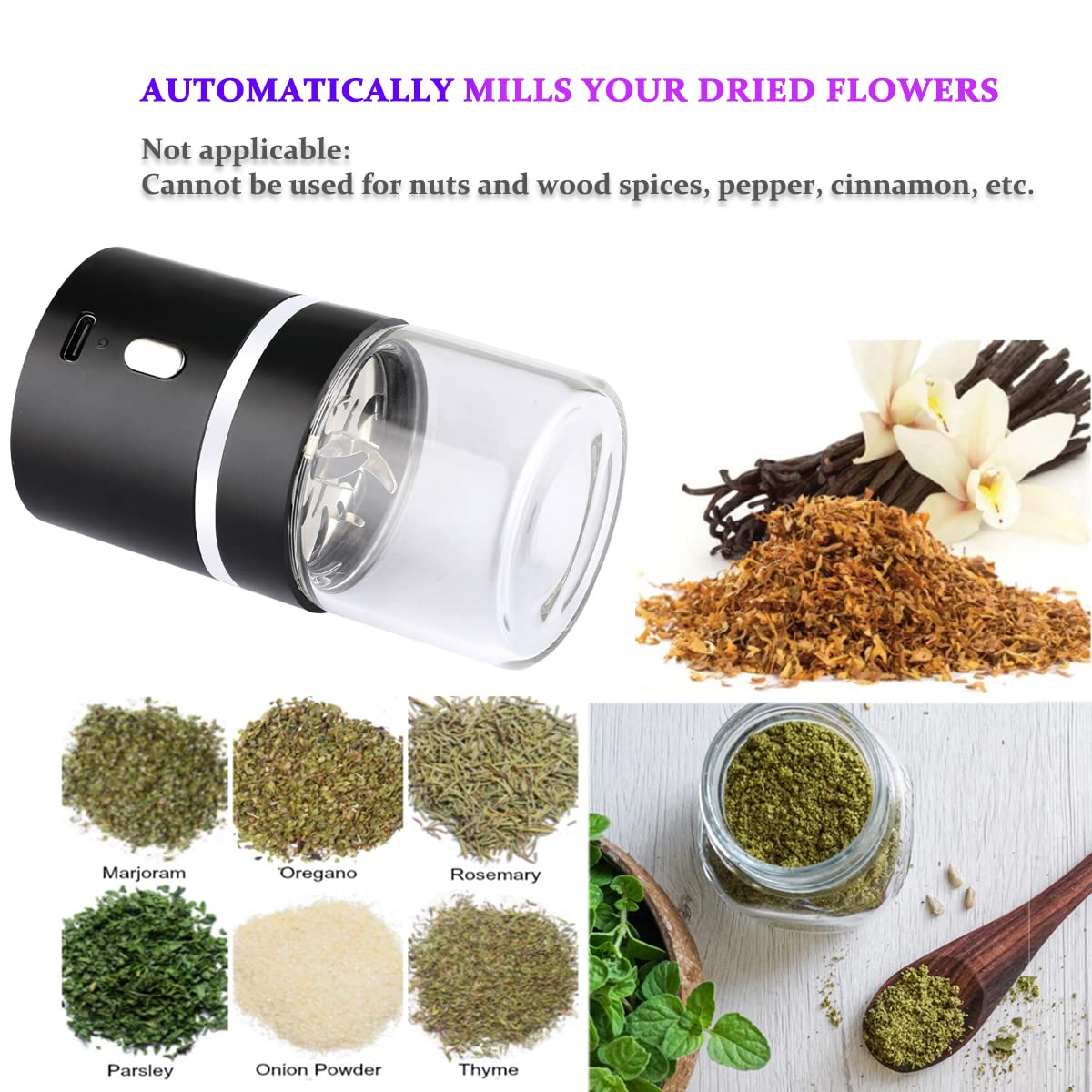 Premium Electric Herb Grinder - USB Rechargeable with 1.7oz Glass Chamber | Portable & Efficient for Herbs, Spices & Tea Leaves | Perfect for Travel, Camping & Home Use