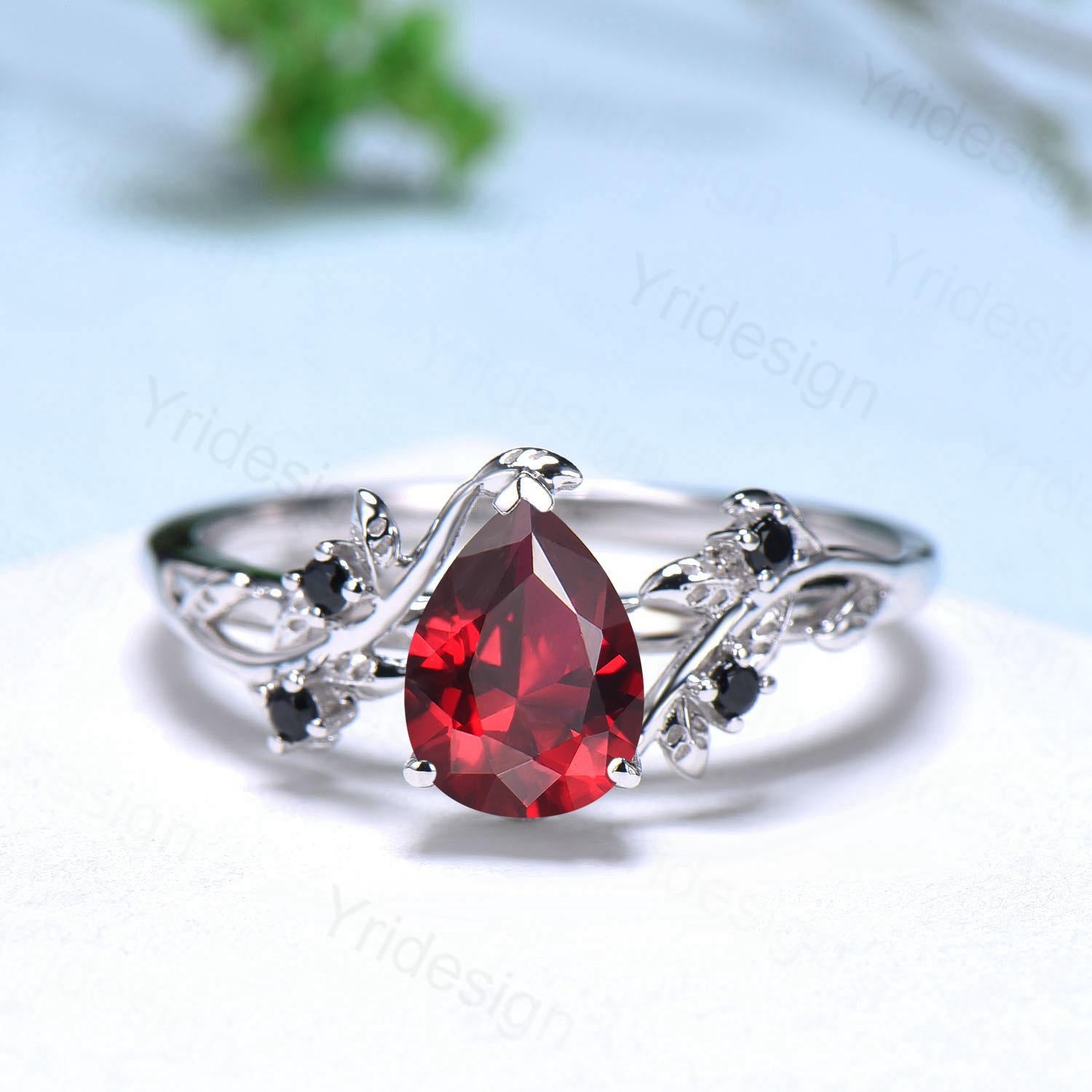 Natural Garnet Ring Set for Women - Pear Shaped Garnet Engagement Ring with Leaf Vine Black Spinel Band, January Birthstone Jewelry for Bridal & Wedding - Perfect for Anniversaries, Proposals & Special Occasions