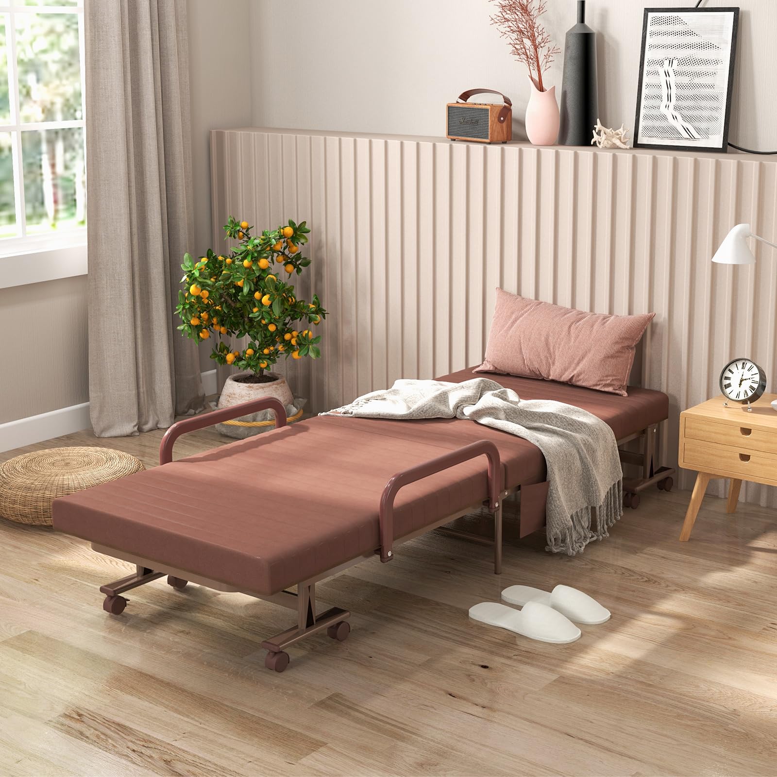 Giantex Folding Bed with Mattress - Portable Guest Bed with Adjustable 6 Positions & Side Storage Pockets - Foldable Bed on Wheels for Adults - Brown | Perfect for Spare Room, Sleepovers & Temporary Accommodation