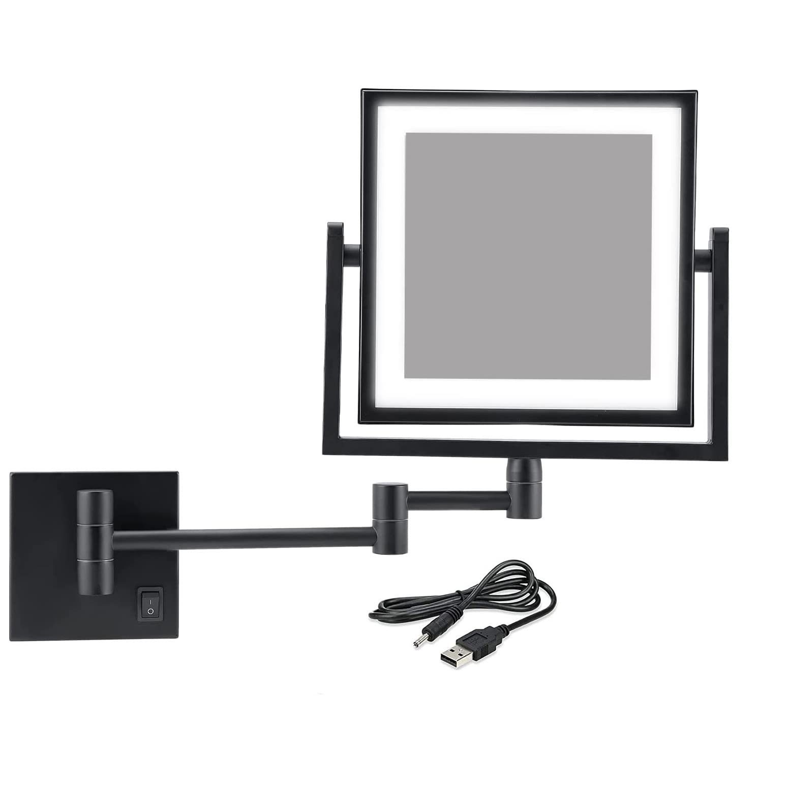 8 Inch Wall Mounted Makeup Mirror with LED Lights & 3X Magnification - Double Sided Vanity Mirror with Extendable Arm for Bathroom, Bedroom & Hotel Use - USB Charging, Black - Perfect for Makeup Application, Shaving & Skincare Routines