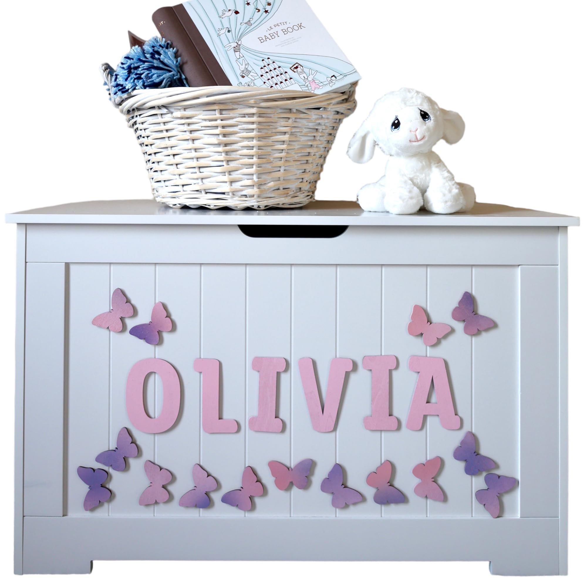 Personalized Wooden Toy Box with Butterfly Decor - Custom Kids Storage Box for Nursery, Playroom & Bedroom Organization