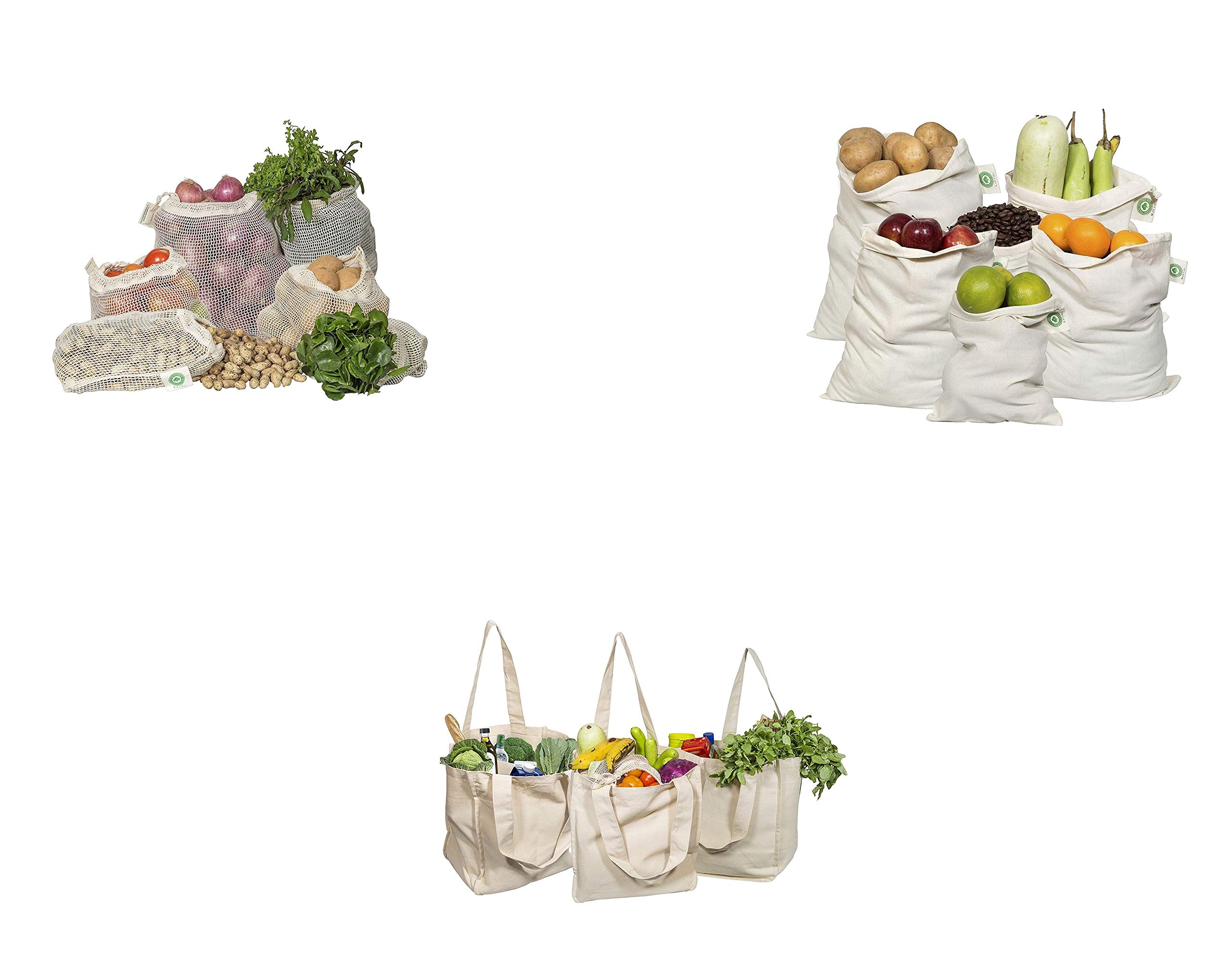 Eco-Friendly Reusable Grocery Bags Set - 10-Pack Organic Cotton Mesh & Muslin Produce Bags + Tote Bags with Bottle Sleeves | Washable, Sustainable Shopping Bags for Farmers Market, Grocery Store & Bulk Food Storage